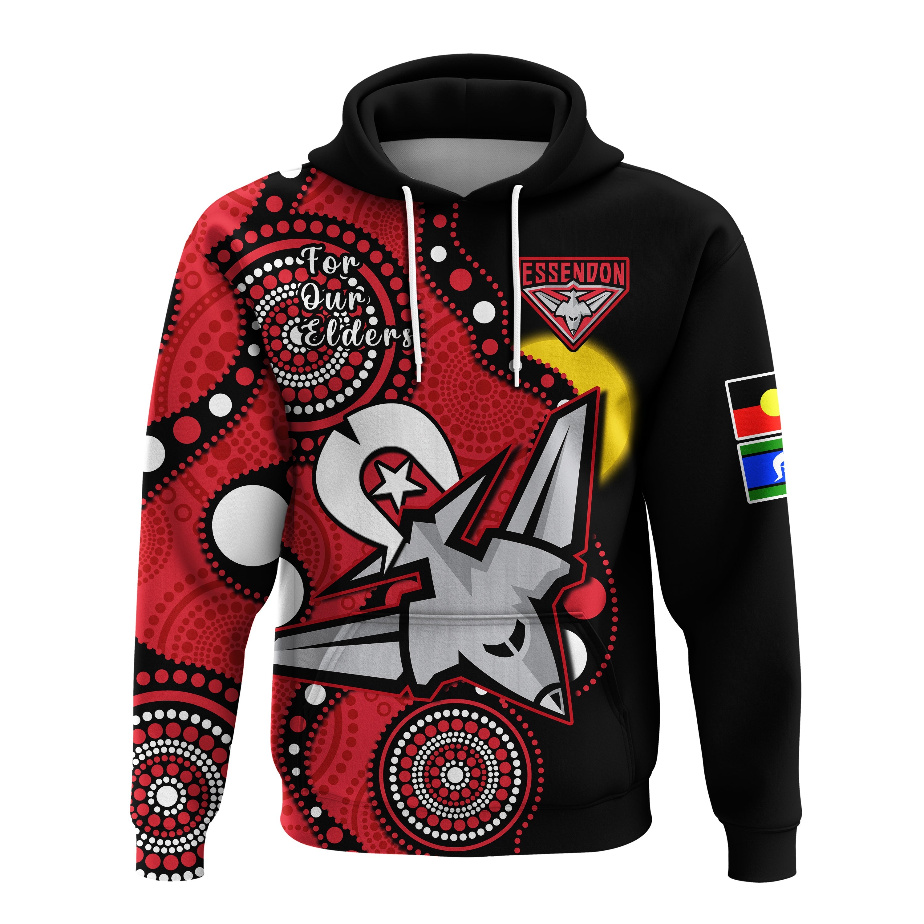 (Custom Text And Number) Essendon Football NAIDOC 2023 Hoodie Bombers For Our Elders Indigenous Art - Vibe Hoodie Shop