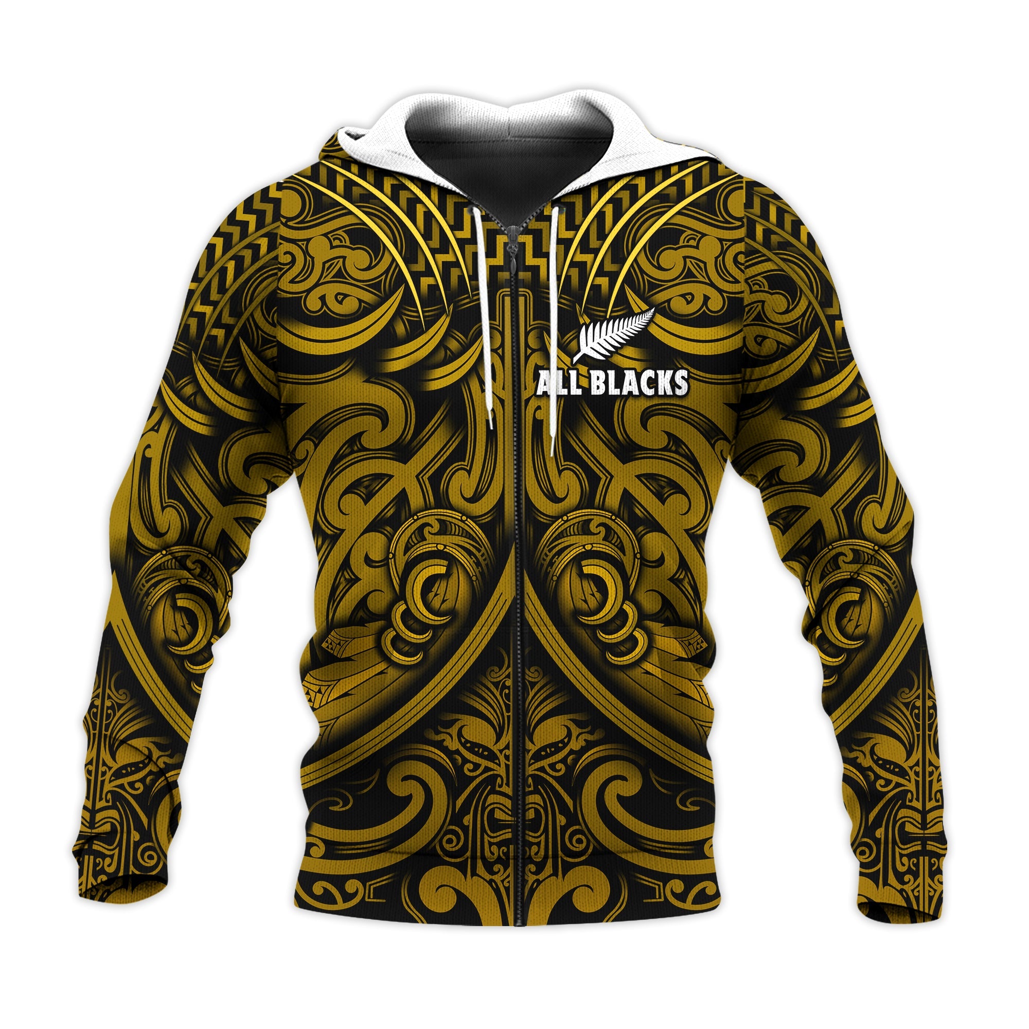 New Zealand Silver Fern Rugby Hoodie All Black Gold NZ Maori Pattern LT13 - Vibe Hoodie Shop