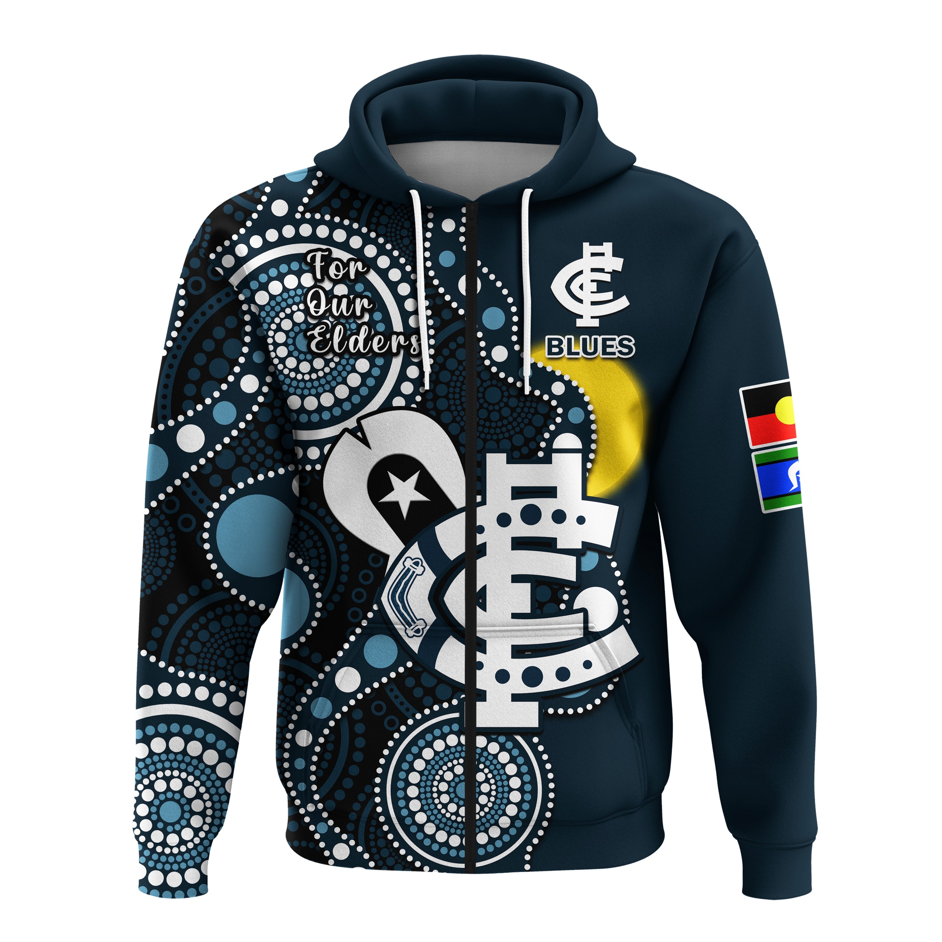 (Custom Text And Number) Carlton Football NAIDOC 2023 Hoodie Blues For Our Elders Indigenous Art - Vibe Hoodie Shop