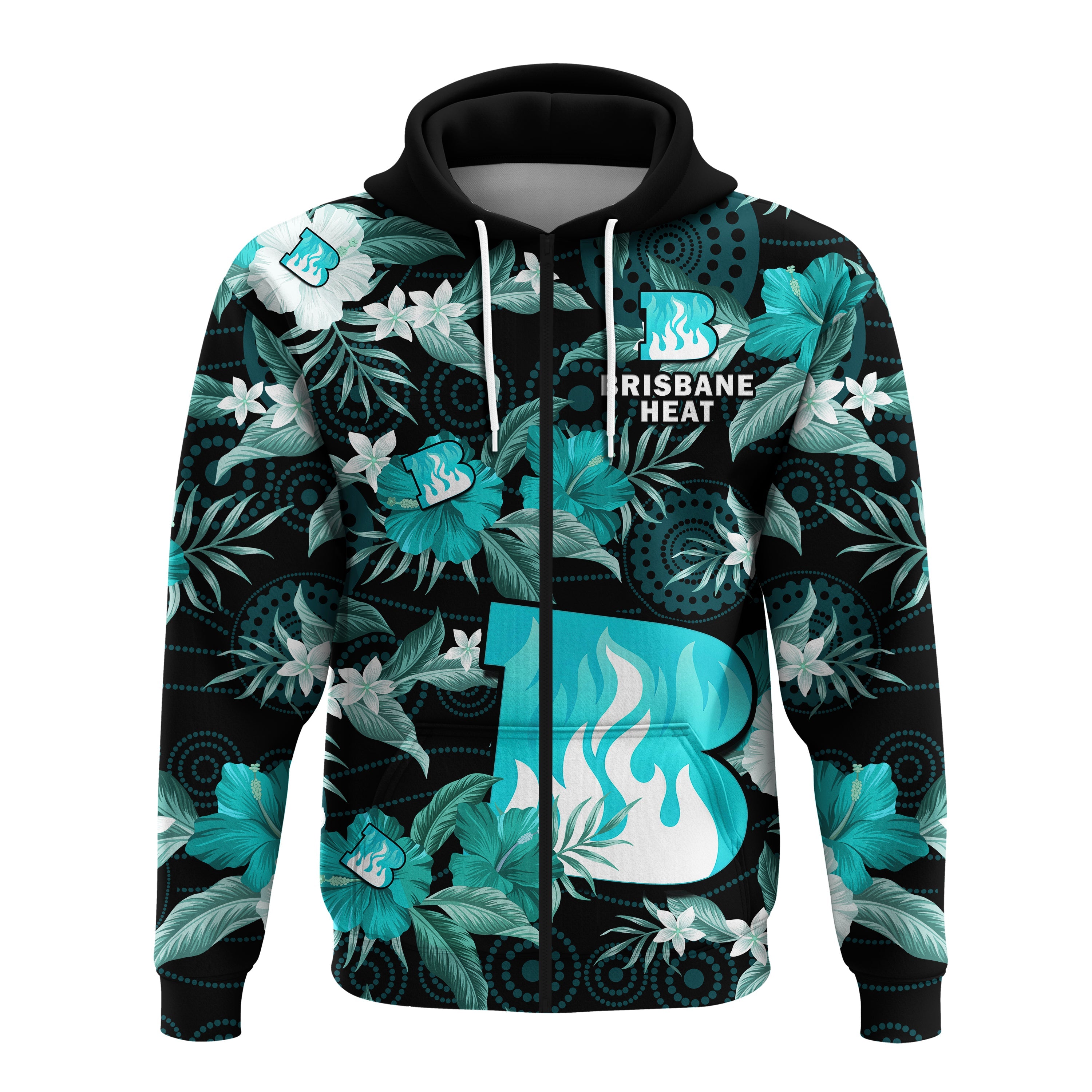 Brisbane Heat Cricket Hoodie Aboriginal Art Mix Tropical Flowers - Vibe Hoodie Shop