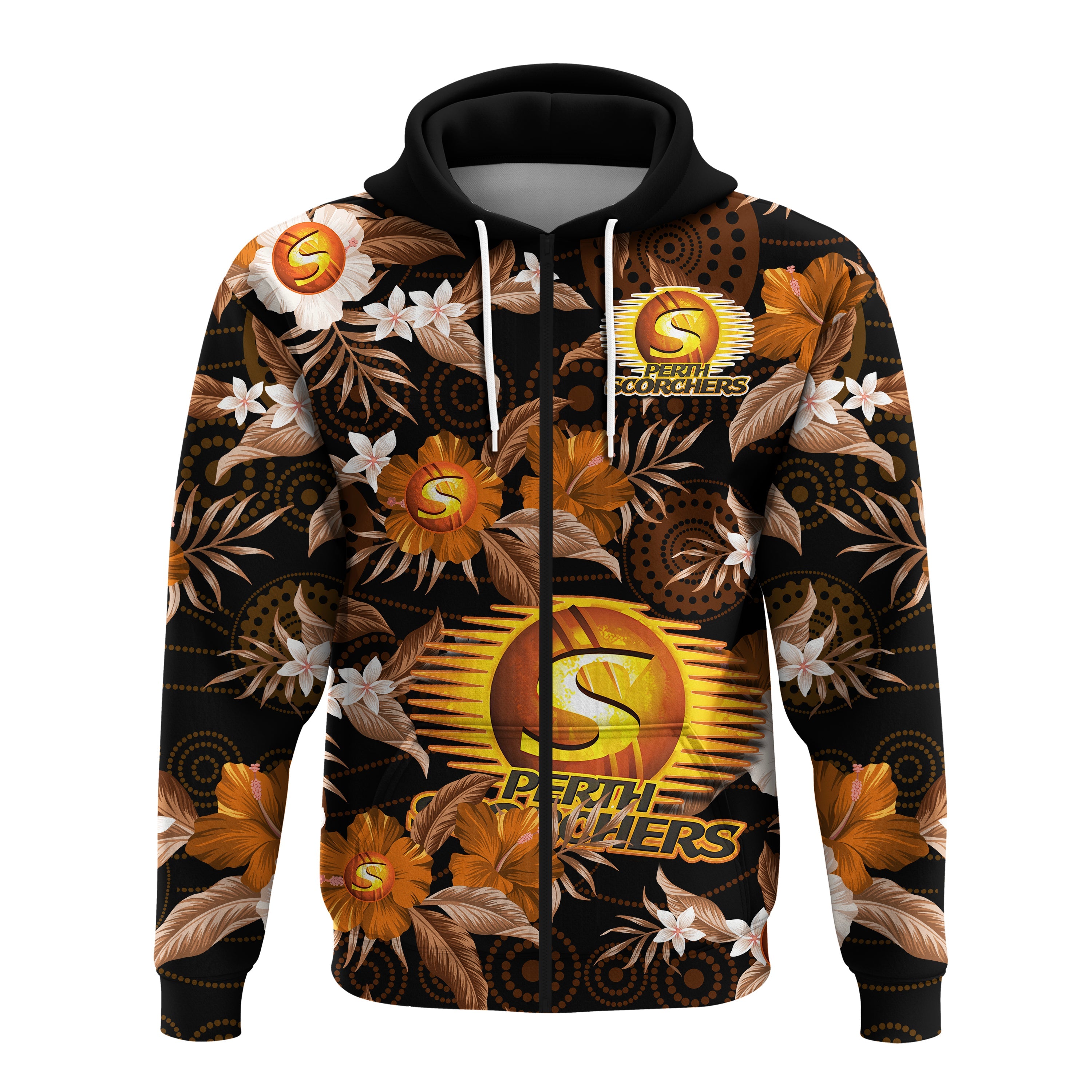 Perth Scorchers Cricket Hoodie Aboriginal Art Mix Tropical Flowers - Vibe Hoodie Shop