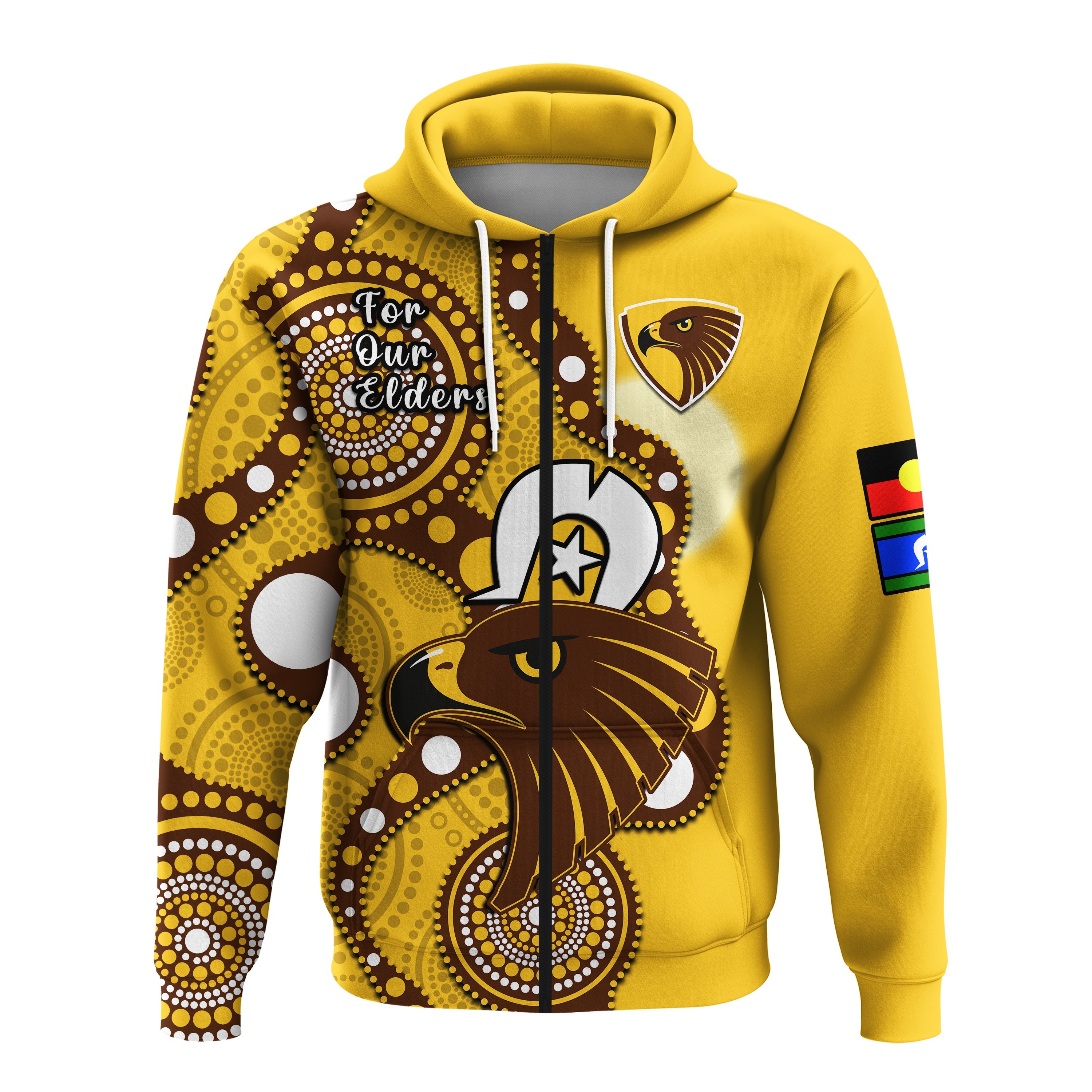 (Custom Text And Number) Hawthorn Football NAIDOC 2023 Hoodie Hawks For Our Elders Indigenous - Vibe Hoodie Shop