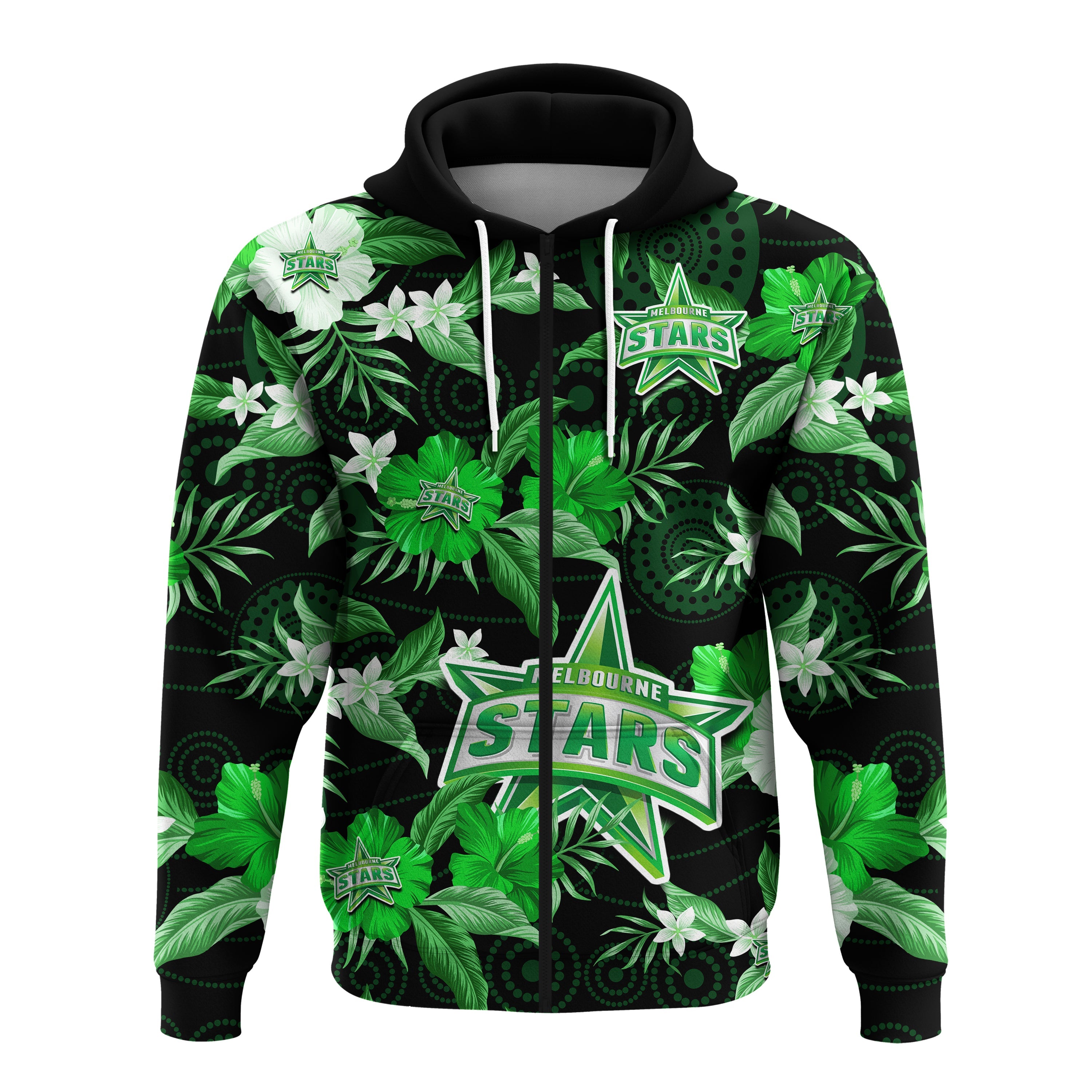 (Custom Text And Number) Melbourne Stars Cricket Hoodie Aboriginal Art Mix Tropical Flowers - Vibe Hoodie Shop