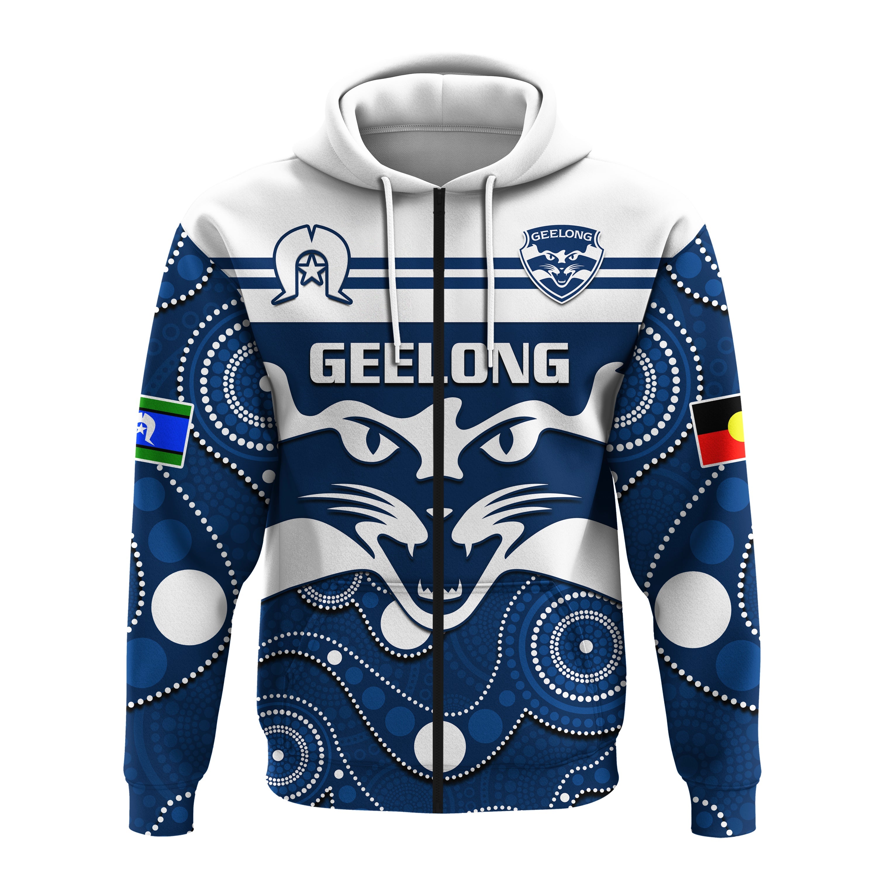 (Custom Text And Number) Geelong Football NAIDOC 2023 Hoodie Cats For Our Elders Indigenous Art - Vibe Hoodie Shop