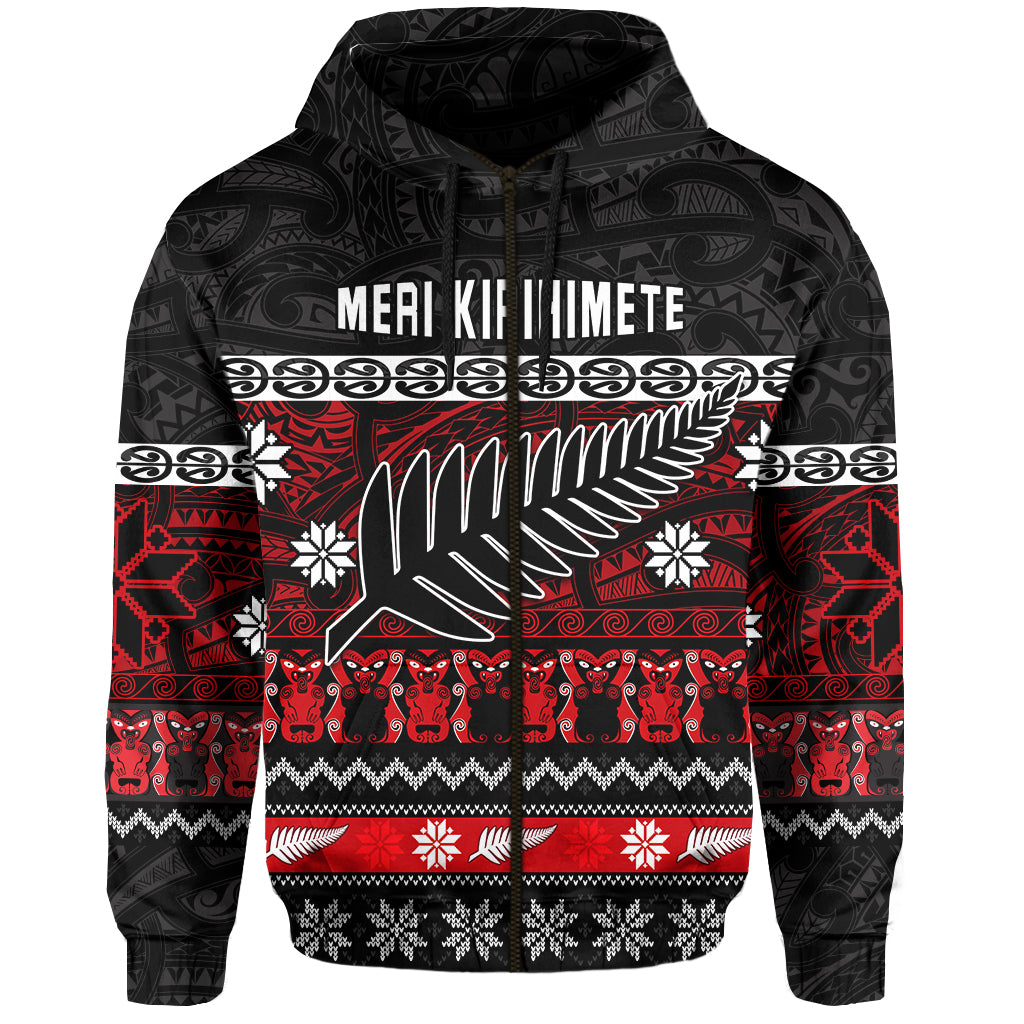 New Zealand Silver Fern Christmas Zip Hoodie Maori Meri Kirihimete LT13 - Vibe Hoodie Shop