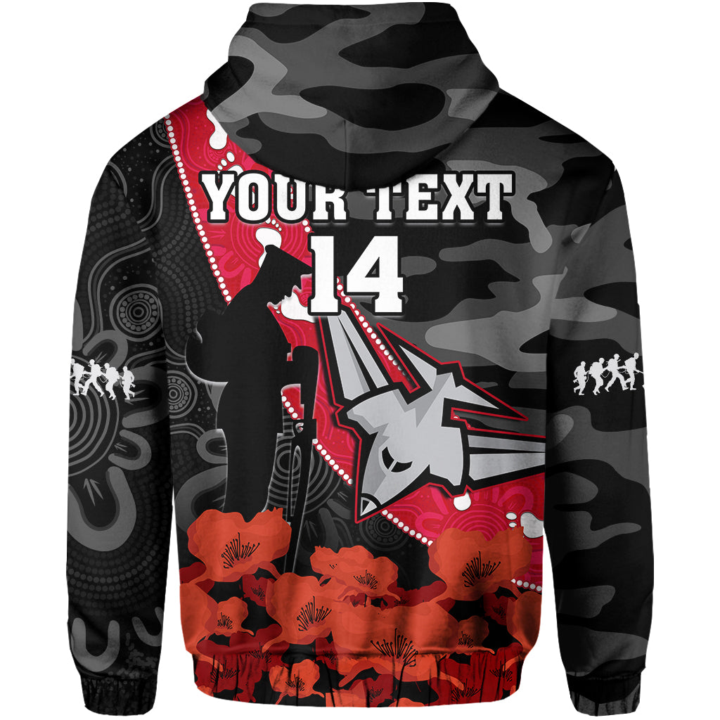 (Custom Text And Number) Essendon Football ANZAC 2023 Hoodie Bombers Aboriginal Mix Poppy Camouflage - Vibe Hoodie Shop