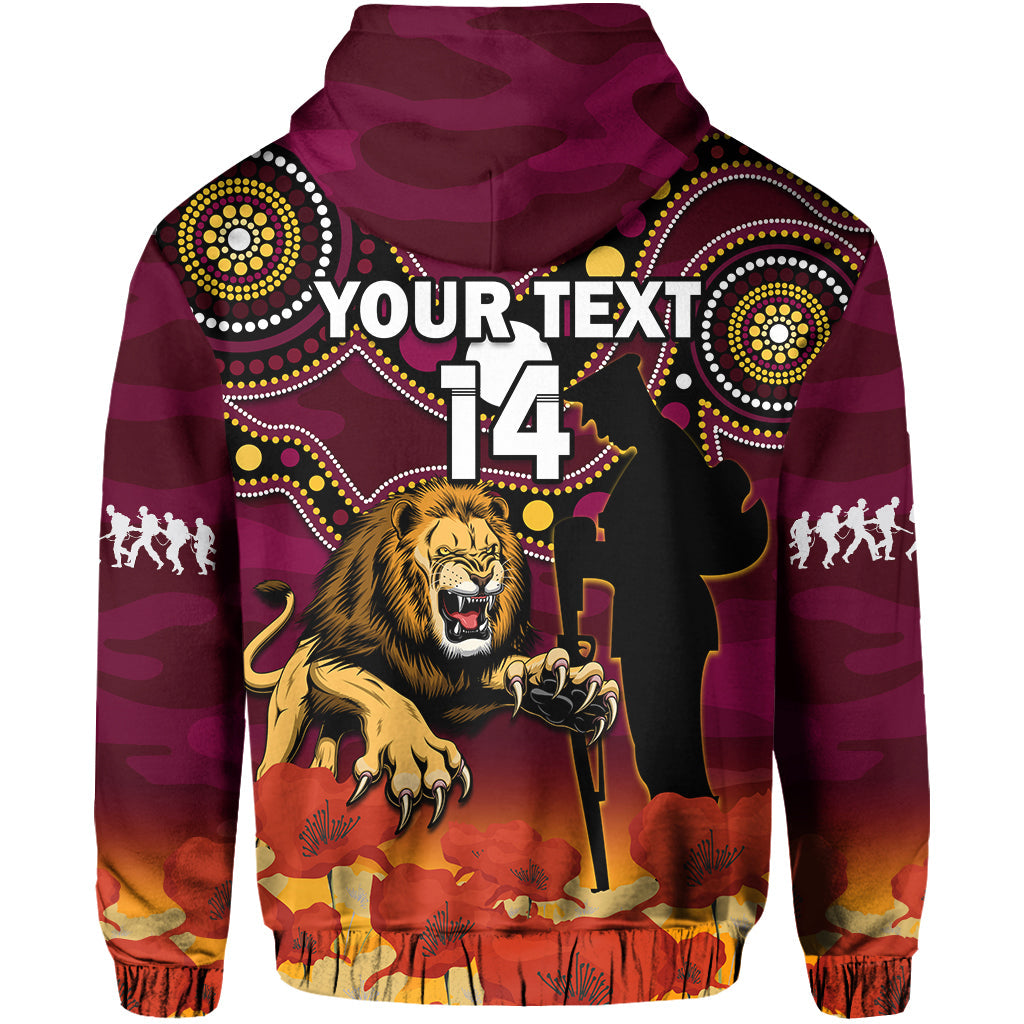 (Custom Text And Number) Brisbane Lions Football ANZAC 2023 Hoodie Aboriginal Mix Poppy Camouflage - Vibe Hoodie Shop