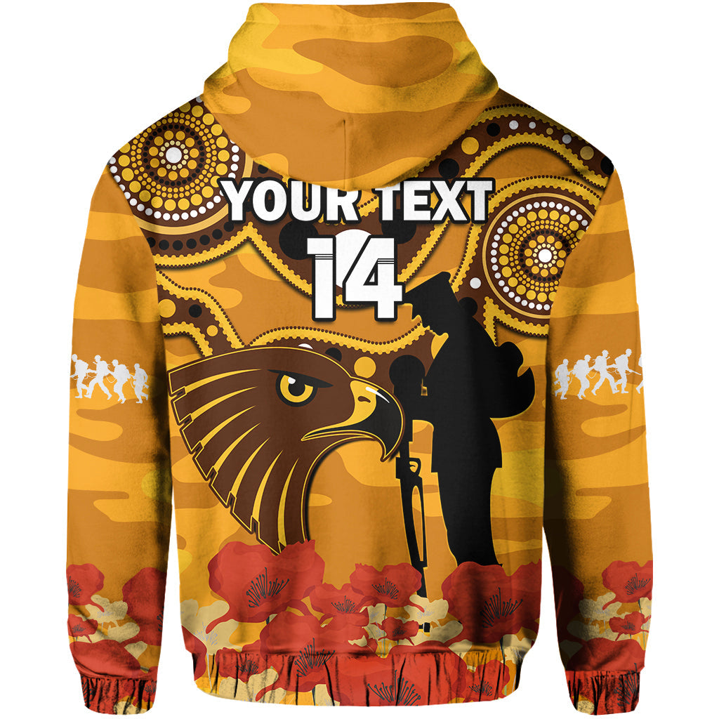 (Custom Text And Number) Hawks Football ANZAC 2023 Hoodie Indigenous Mix Poppy Camouflage - Vibe Hoodie Shop