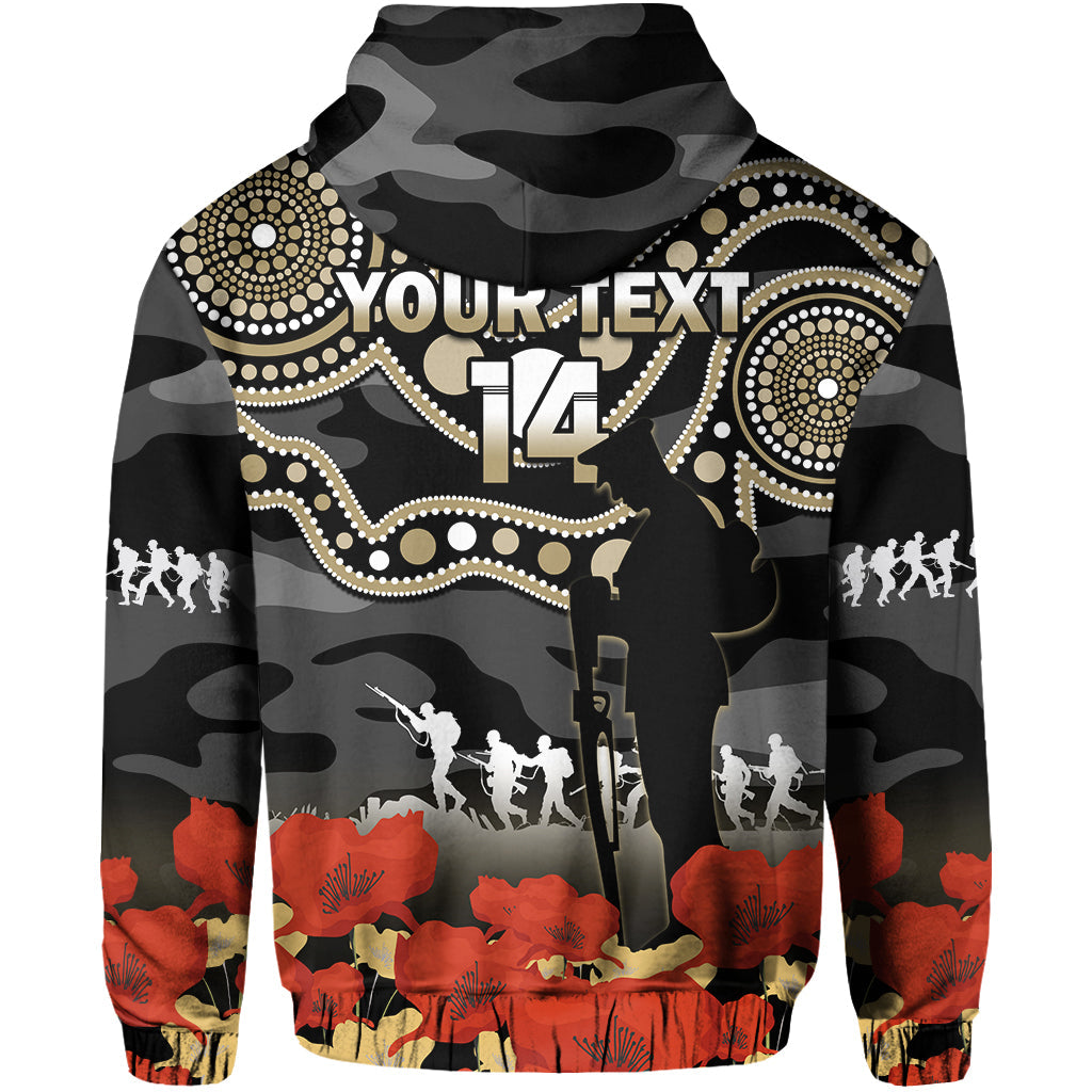 (Custom Text And Number) Collingwood Football ANZAC 2023 Hoodie Aboriginal Mix Poppy Camouflage - Vibe Hoodie Shop