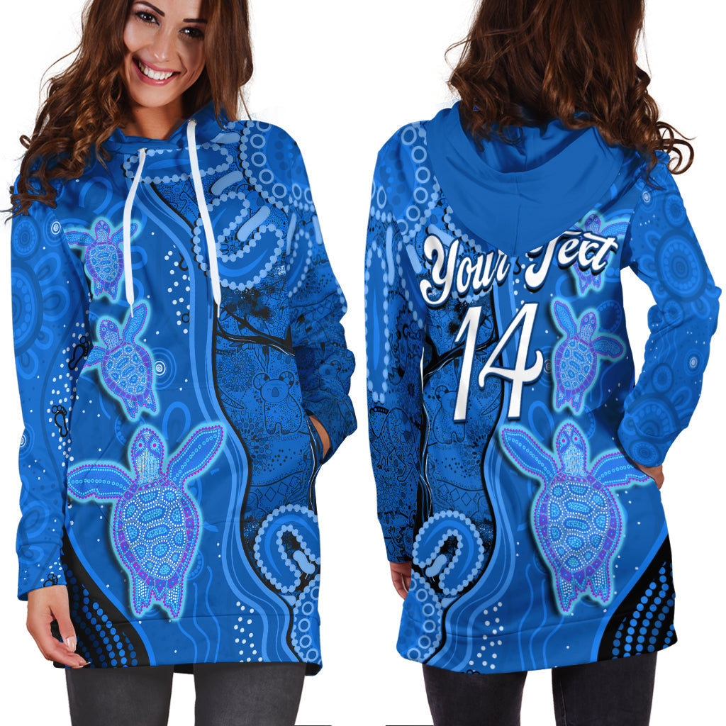 (Custom Text And Number) Australian Aboriginal Art Hoodie Dress Aussie Turtle Blue Version - Vibe Hoodie Shop