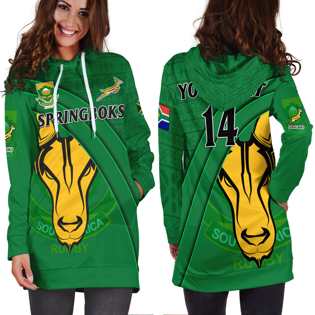 (Custom Text And Number) South Africa Rugby Hoodie Dress Bokke Springboks With African Pattern Stronger Together - Vibe Hoodie Shop