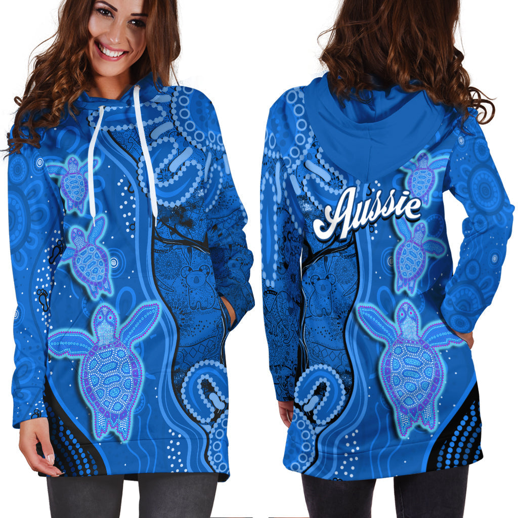 Australian Aboriginal Art Hoodie Dress Aussie Turtle Blue Version - Vibe Hoodie Shop