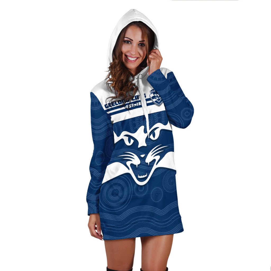 (Custom Text And Number) Cats Football Hoodie Dress Geelong Est 1859 Aboriginal Art - Vibe Hoodie Shop