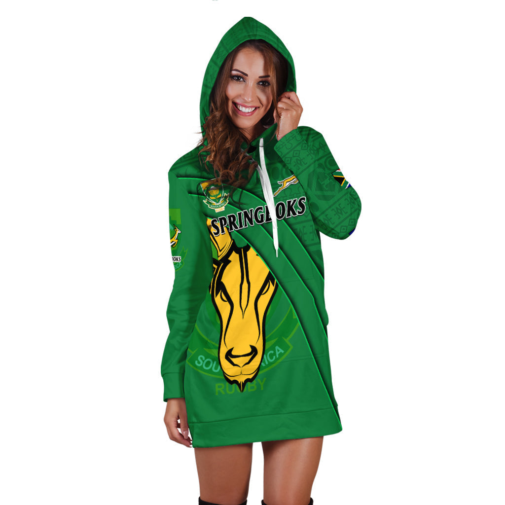 (Custom Text And Number) South Africa Rugby Hoodie Dress Bokke Springboks With African Pattern Stronger Together - Vibe Hoodie Shop