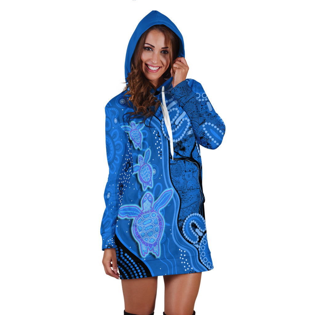 (Custom Text And Number) Australian Aboriginal Art Hoodie Dress Aussie Turtle Blue Version - Vibe Hoodie Shop