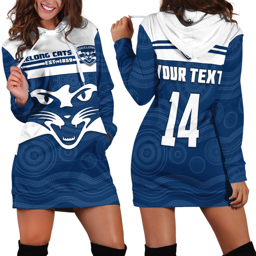 (Custom Text And Number) Cats Football Hoodie Dress Geelong Est 1859 Aboriginal Art - Vibe Hoodie Shop