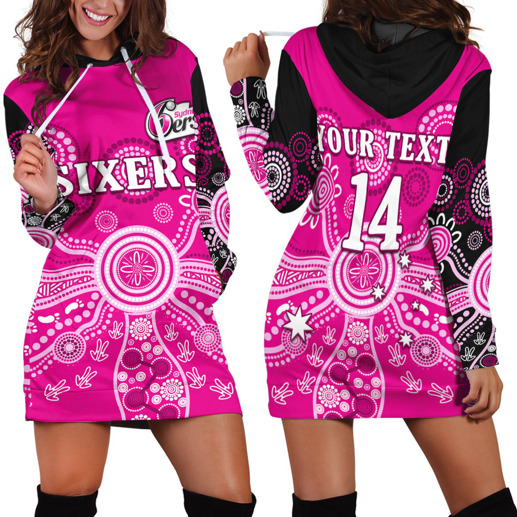 (Custom Text And Number) Sydney Sixers Hoodie Dress Cricket Indigenous Australian Art Ver.01 - Vibe Hoodie Shop