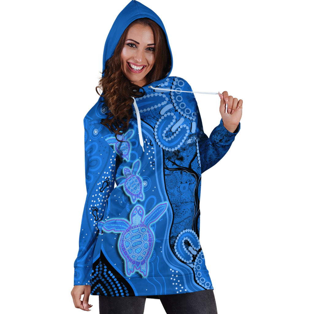 (Custom Text And Number) Australian Aboriginal Art Hoodie Dress Aussie Turtle Blue Version - Vibe Hoodie Shop