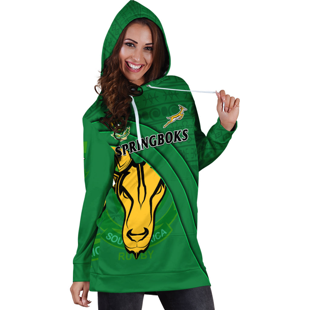 (Custom Text And Number) South Africa Rugby Hoodie Dress Bokke Springboks With African Pattern Stronger Together - Vibe Hoodie Shop