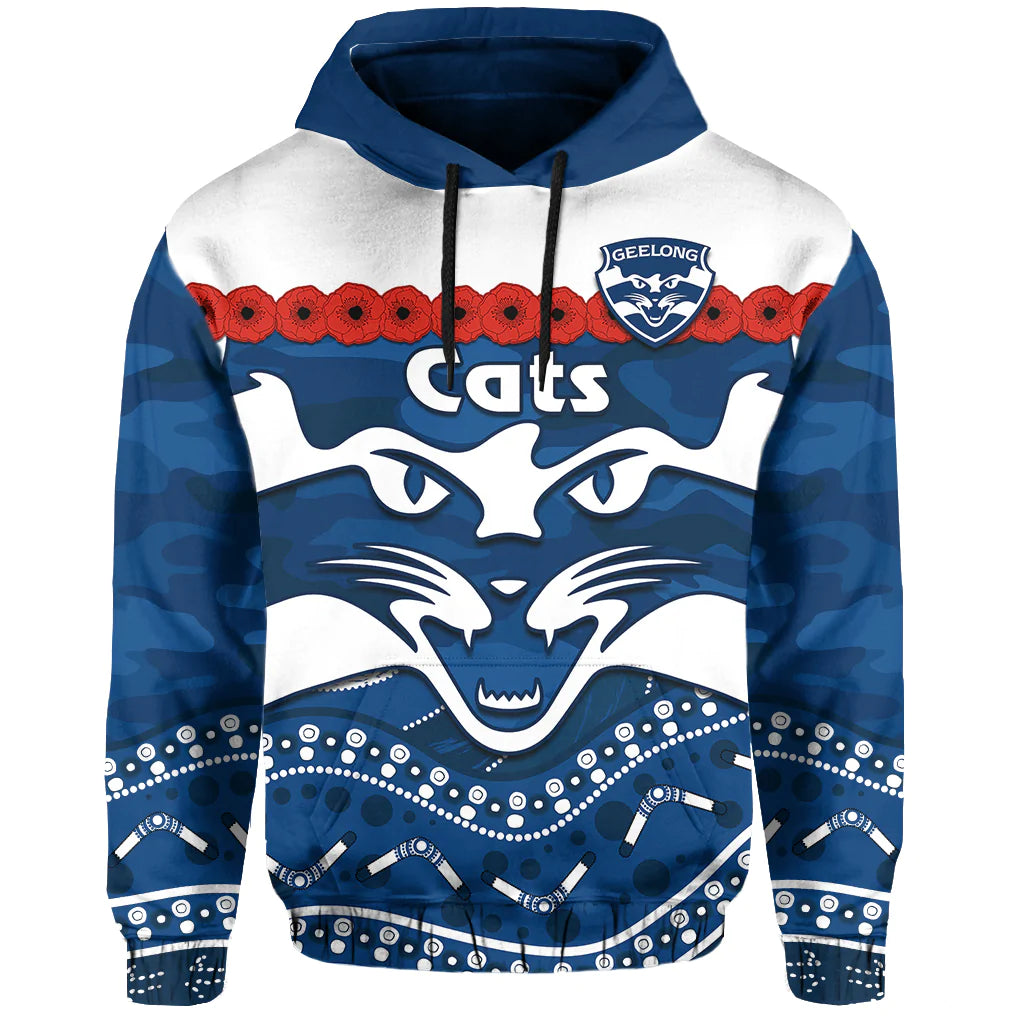 (Custom Text And Number) Cats Football ANZAC Hoodie Geelong Camouflage Poppy Mix Aboriginal - Vibe Hoodie Shop