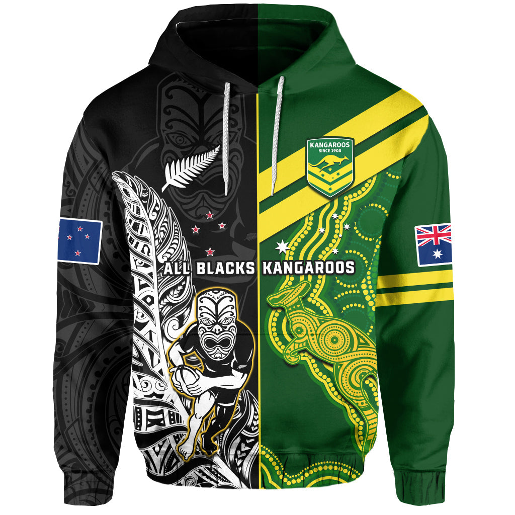 (Custom Personalised) Australia Kangaroos And All Black Rugby Hoodie Aboriginal Mix NZ Maori Fern - Vibe Hoodie Shop