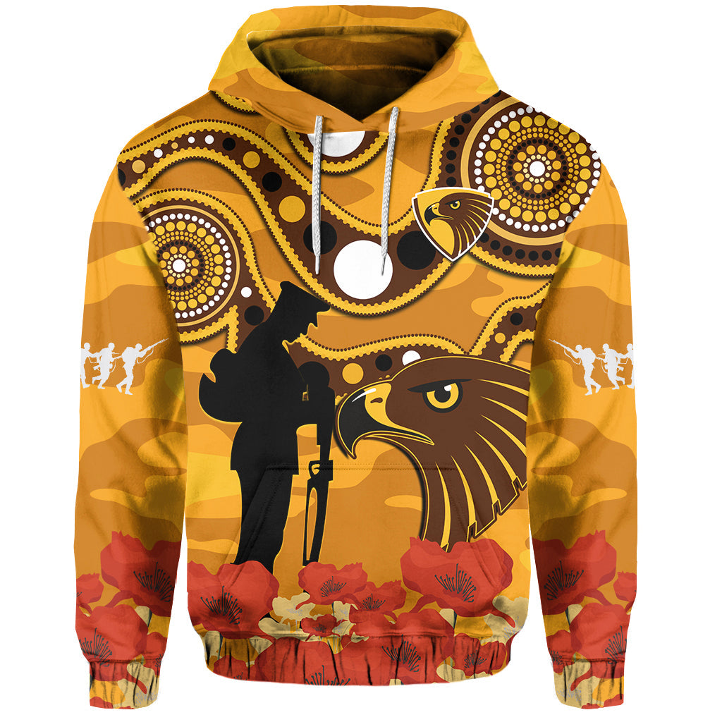 (Custom Text And Number) Hawks Football ANZAC 2023 Hoodie Indigenous Mix Poppy Camouflage - Vibe Hoodie Shop