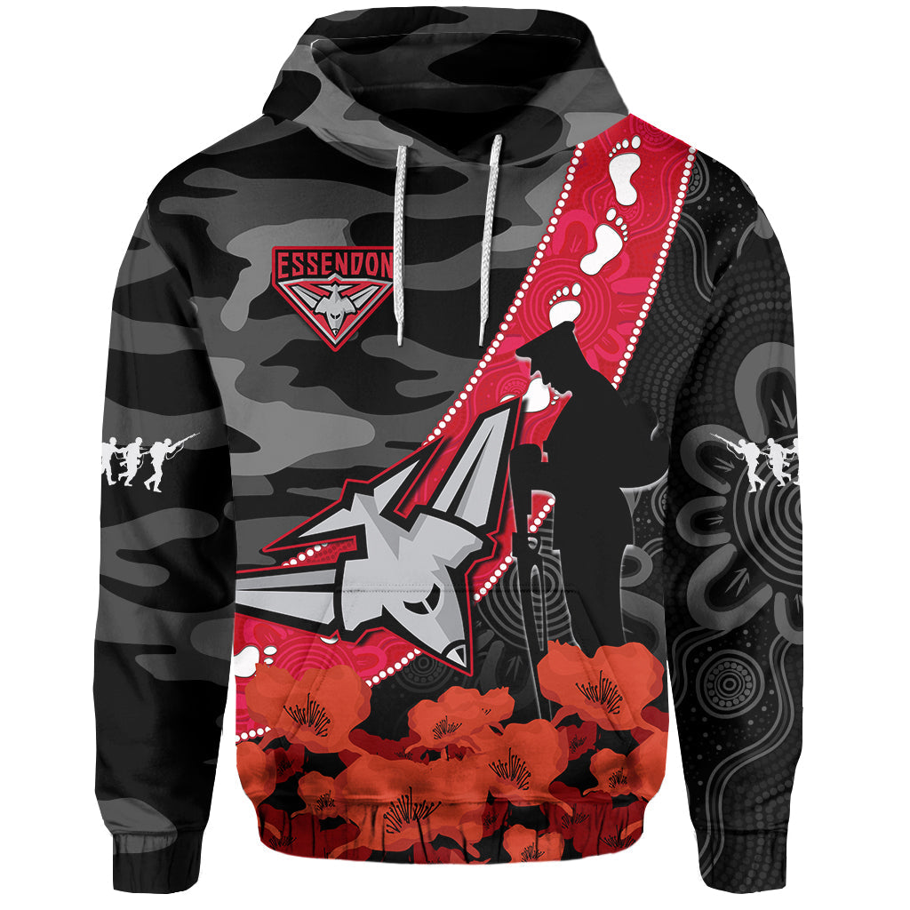 (Custom Text And Number) Essendon Football ANZAC 2023 Hoodie Bombers Aboriginal Mix Poppy Camouflage - Vibe Hoodie Shop