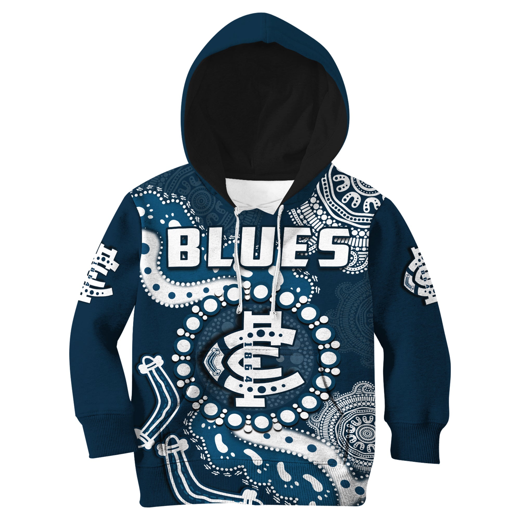 Carlton Football Hoodie KID Blues 1864 Boomerang Indigenous Artsy - Vibe Hoodie Shop