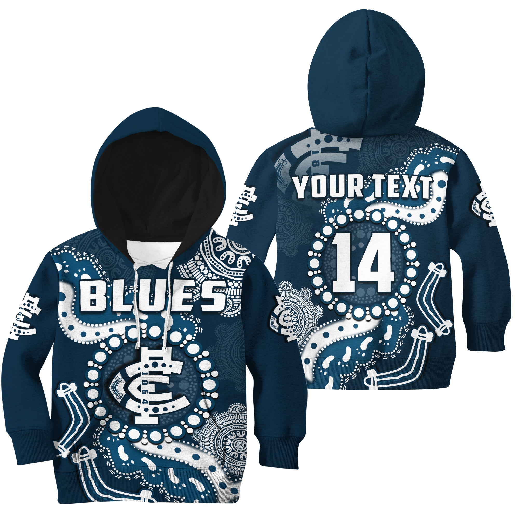 (Custom Text And Number) Carlton Football Hoodie KID Blues 1864 Boomerang Indigenous Artsy - Vibe Hoodie Shop