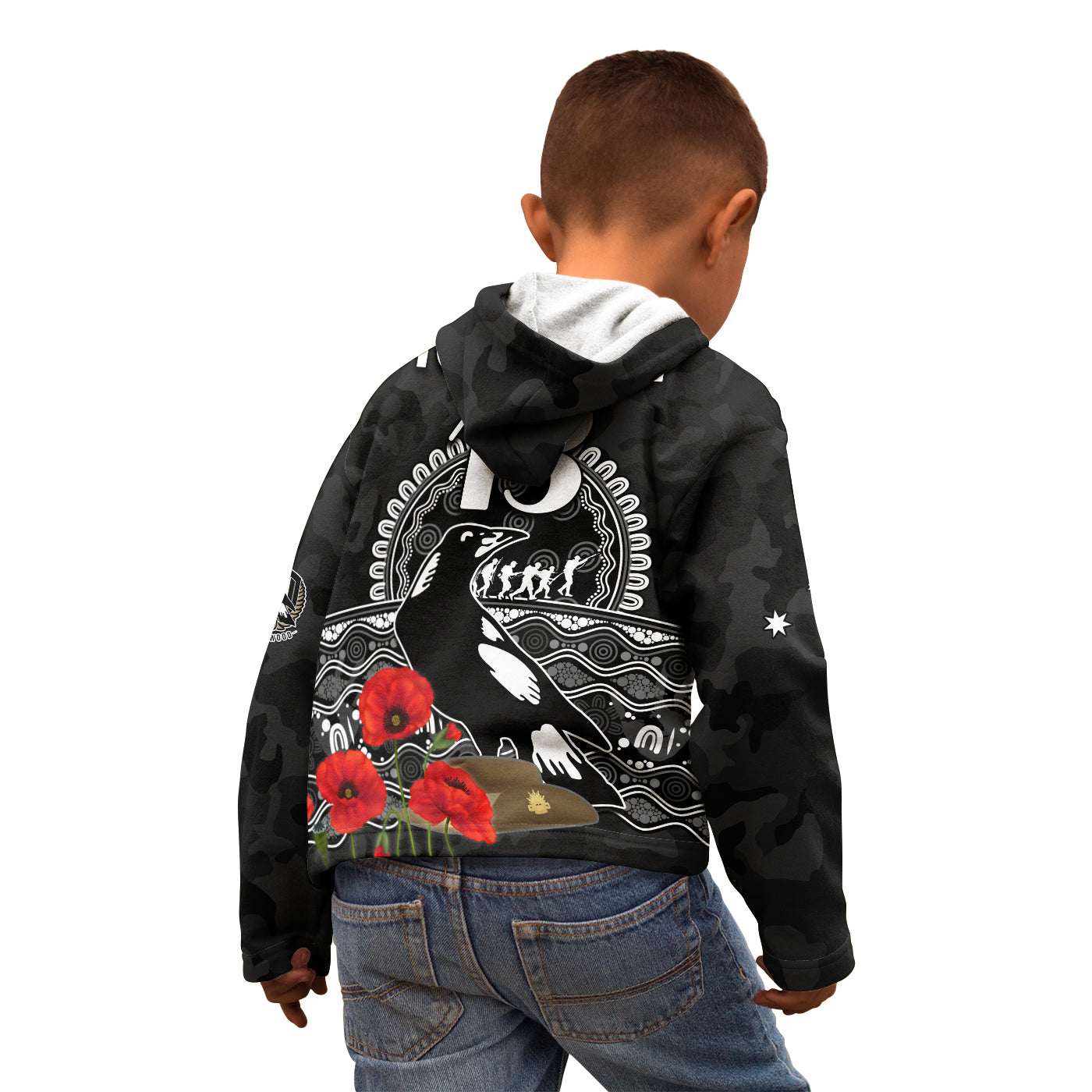 (Custom Text and Number) Magpies Football ANZAC Day Hoodie KID Speical Poppy mix Aboriginal - Vibe Hoodie Shop