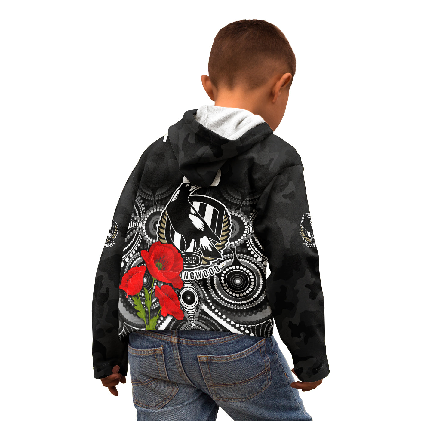 (Custom Text and Number) Magpies Football ANZAC Day Hoodie KID Aboriginal Poppy Flowers - Vibe Hoodie Shop