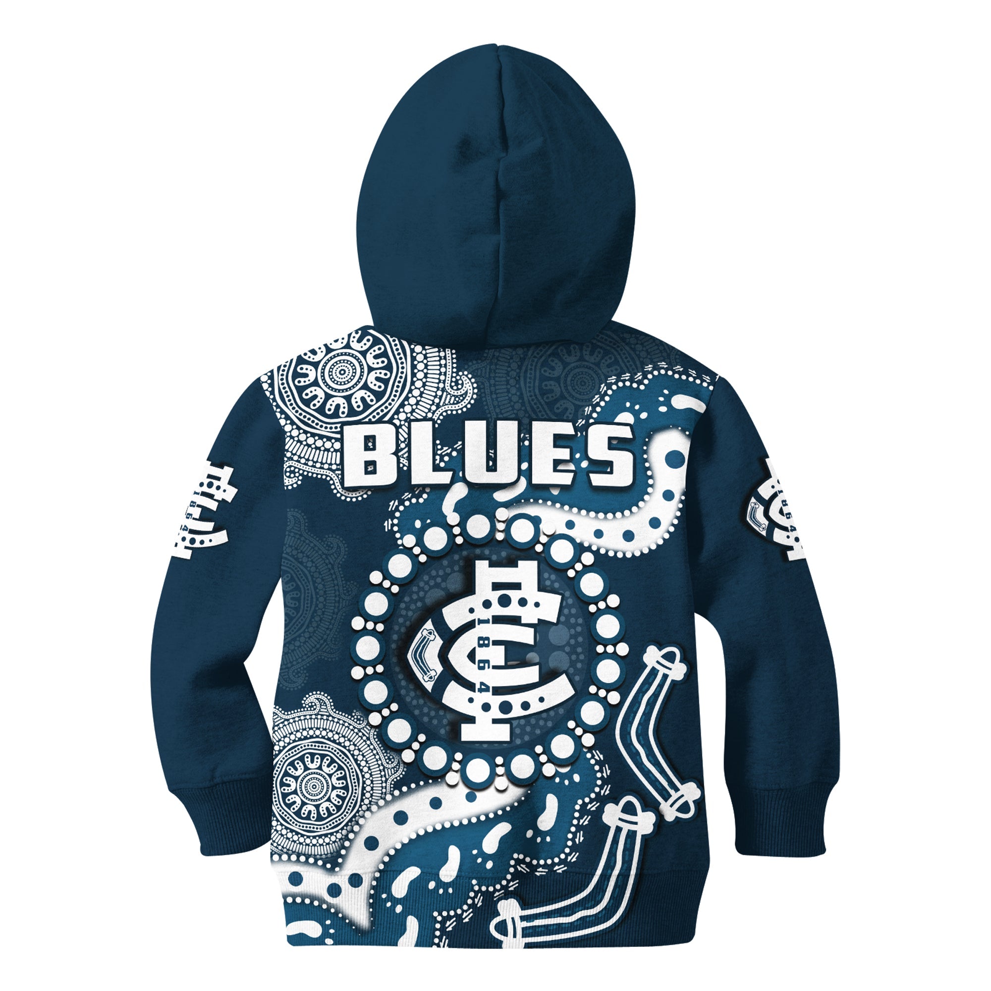 Carlton Football Hoodie KID Blues 1864 Boomerang Indigenous Artsy - Vibe Hoodie Shop