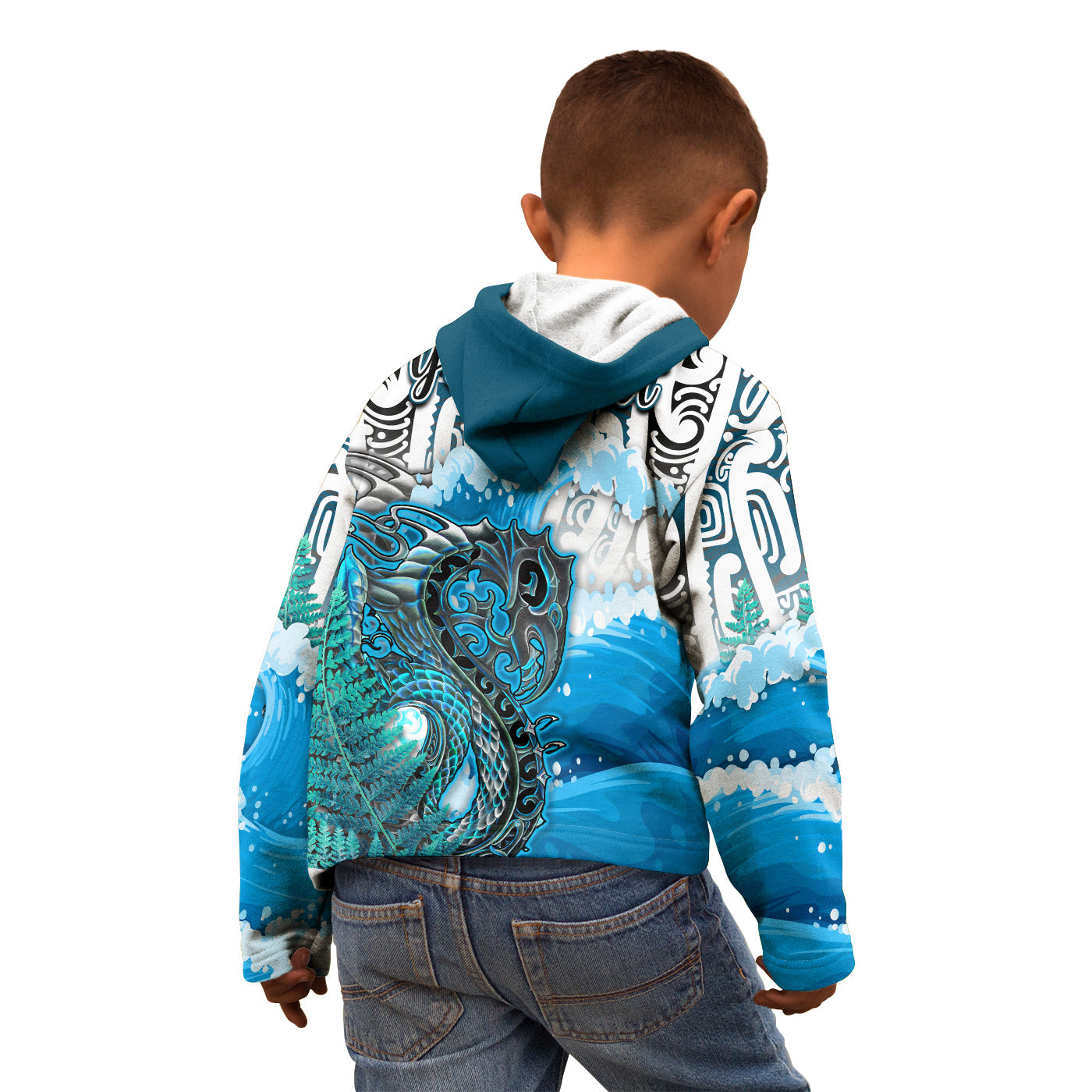 (Custom Personalised) Manaia Maori Hoodie KID Fern Aotearoa Blue Waves - Vibe Hoodie Shop