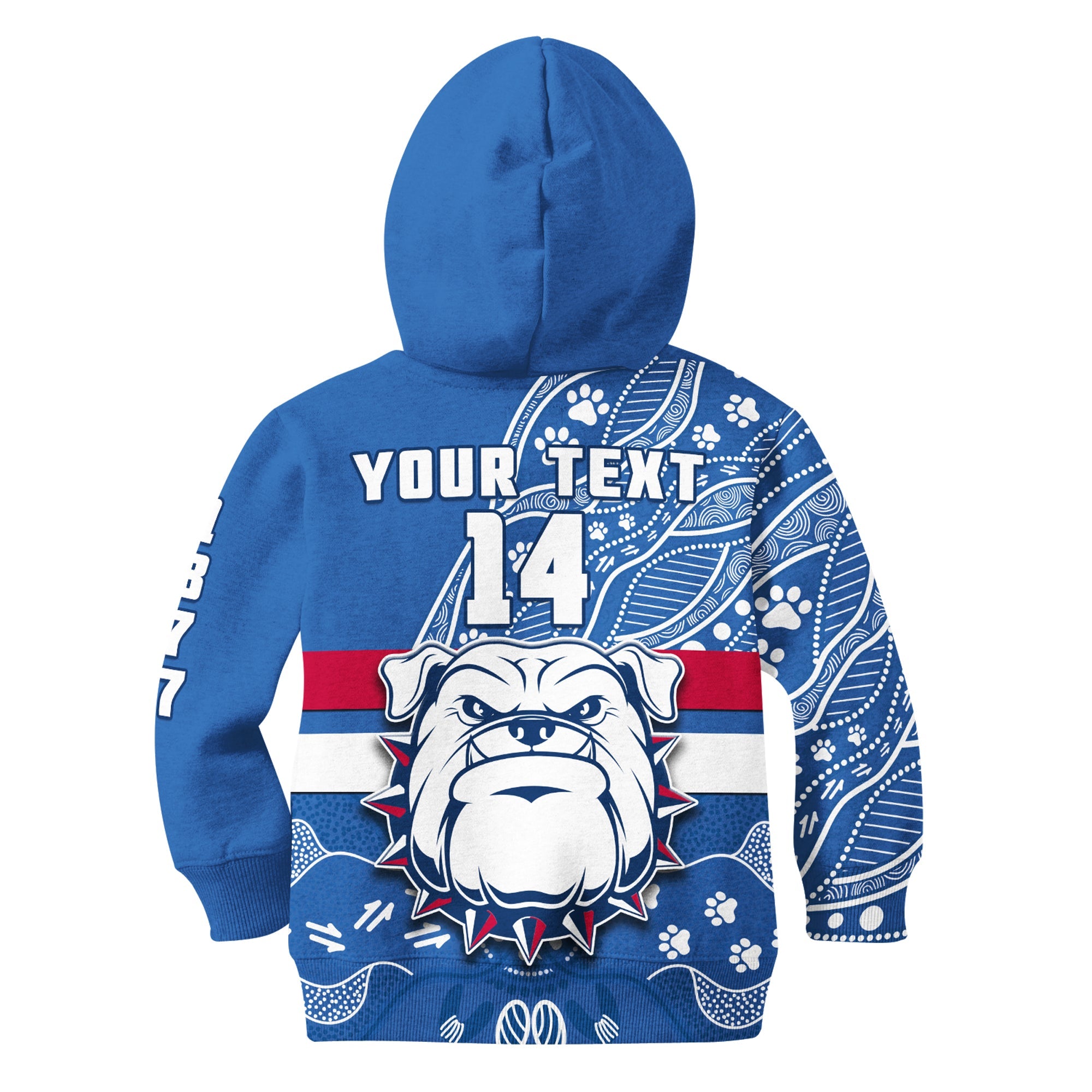 (Custom Text And Number) Bulldogs Football Hoodie KID Scraggers 1877 Aboriginal Dot Painting Newest Version - Vibe Hoodie Shop