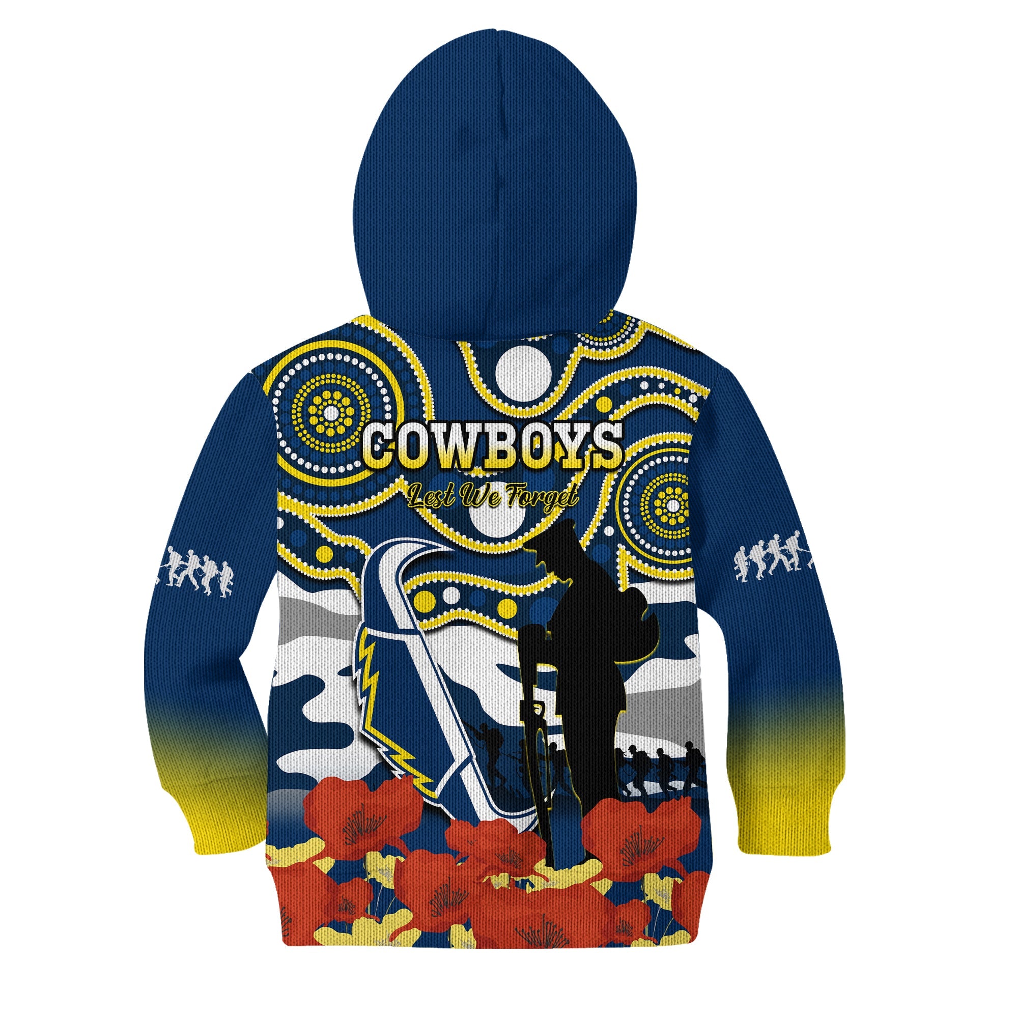 (Custom Text And Number) Cowboys Rugby ANZAC 2023 Hoodie KID Australian Army Aboriginal Lest We Forget - Vibe Hoodie Shop