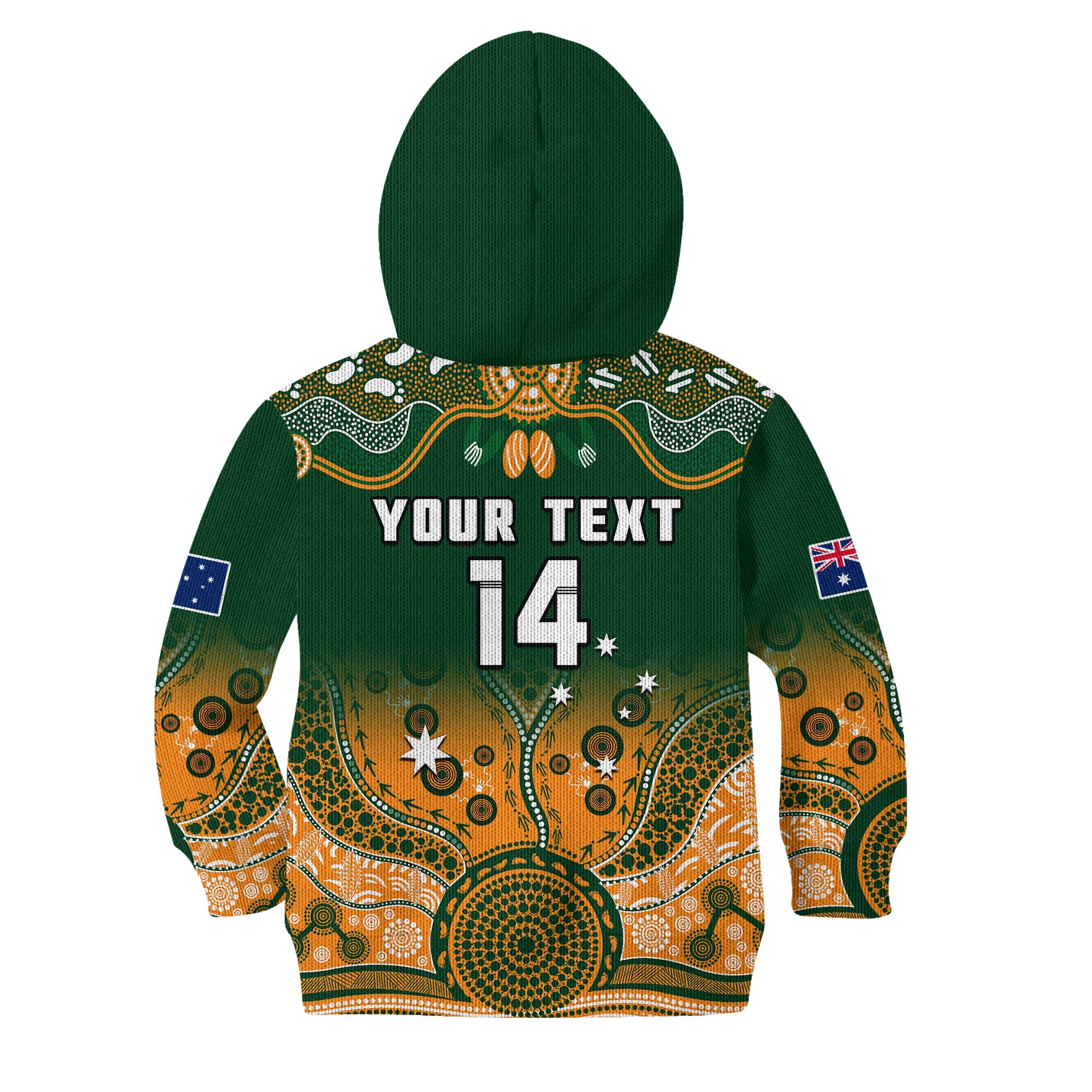 (Custom Text And Number) Australia Rugby Hoodie KID Wallabies Kangaroo Green Aboriginal - Vibe Hoodie Shop