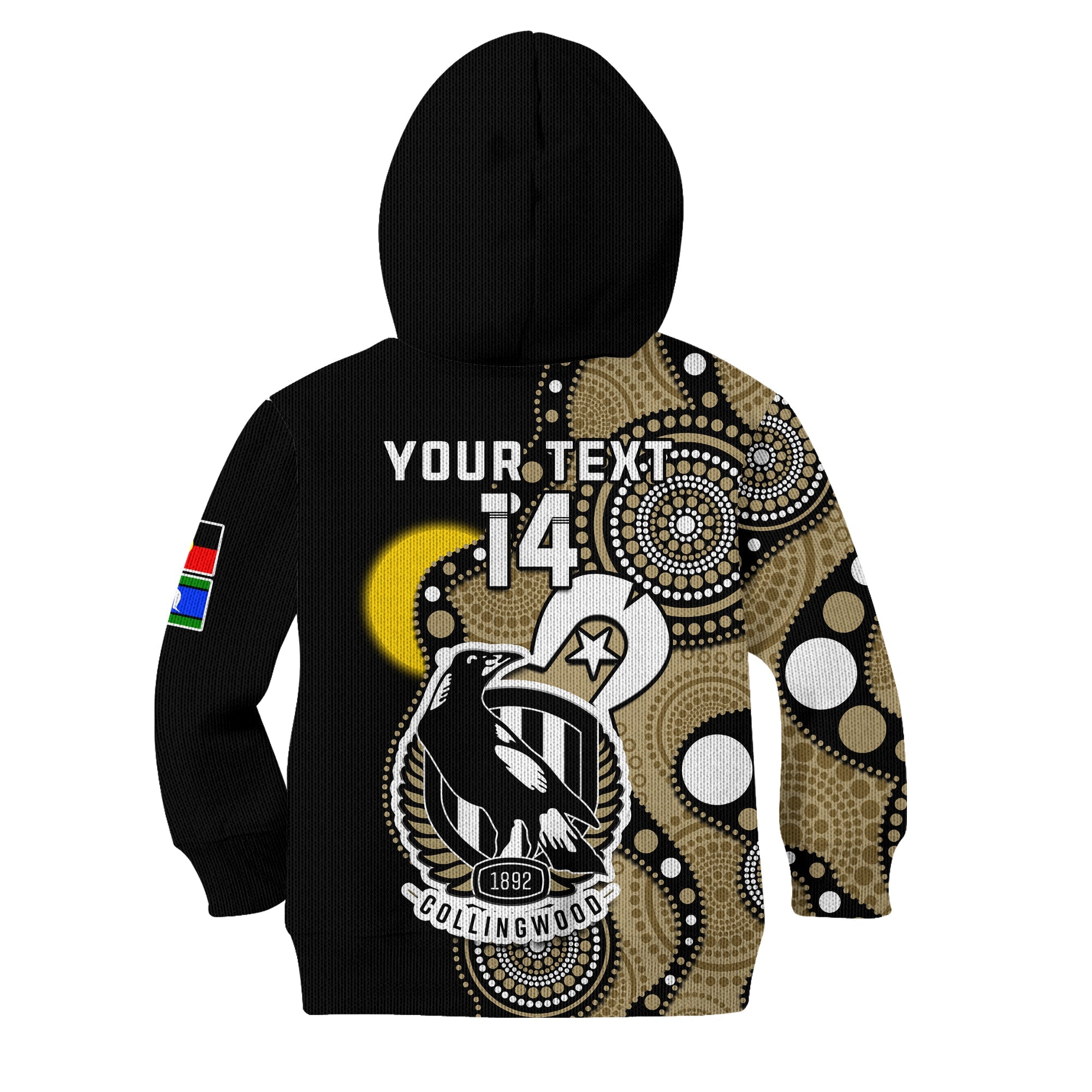 (Custom Text And Number) Collingwood Football NAIDOC 2023 Hoodie KID Magpies For Our Elders Indigenous Art - Vibe Hoodie Shop