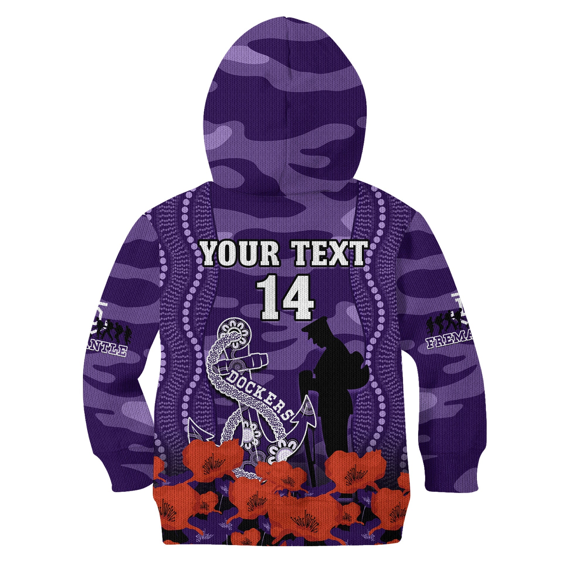 (Custom Text And Number) Dockers Football ANZAC 2023 Hoodie KID Aboriginal Mix Poppy Camouflage - Vibe Hoodie Shop