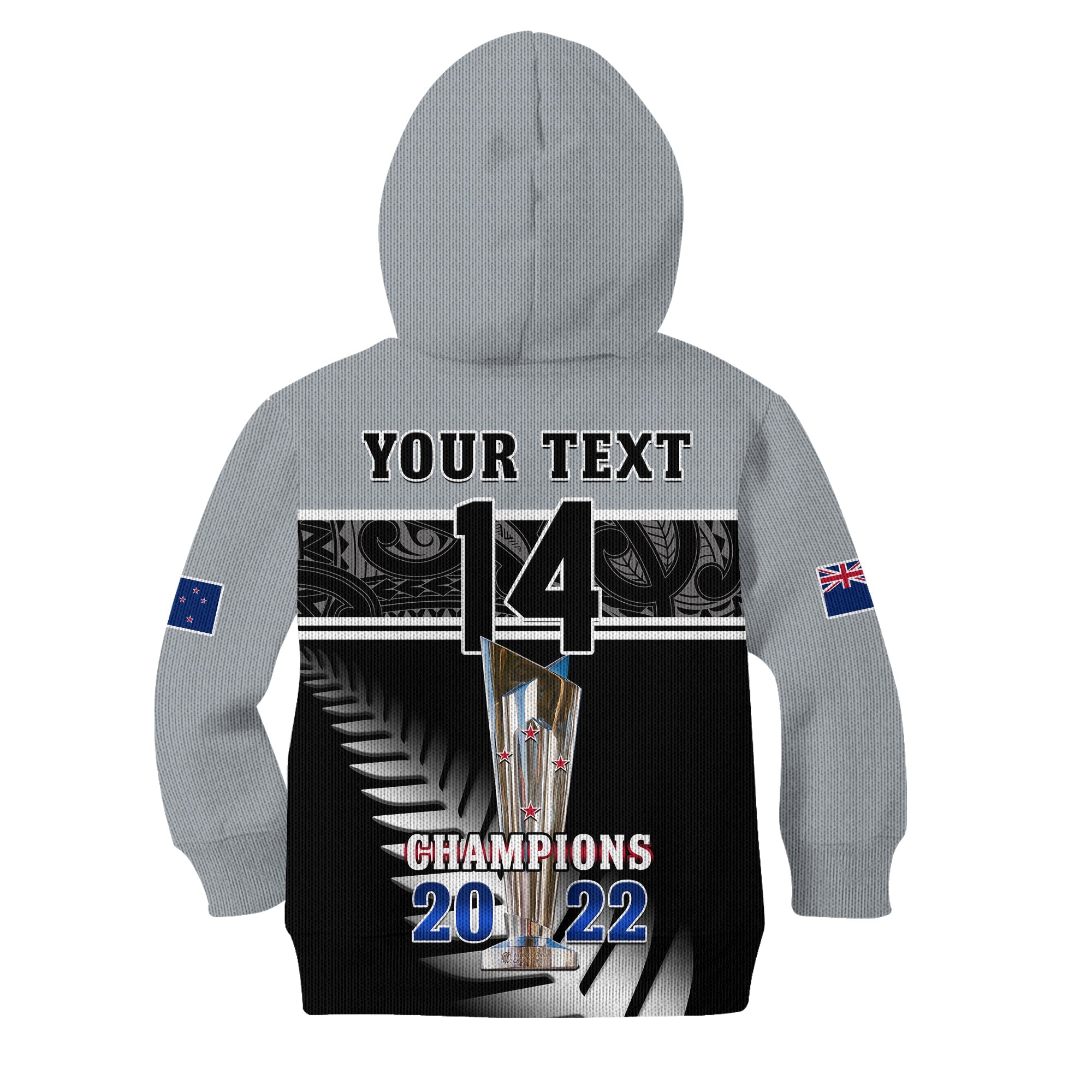 (Custom Text And Number) New Zealand Cricket Hoodie KID Black Caps Champions Mens T20 WC 2022 - Vibe Hoodie Shop