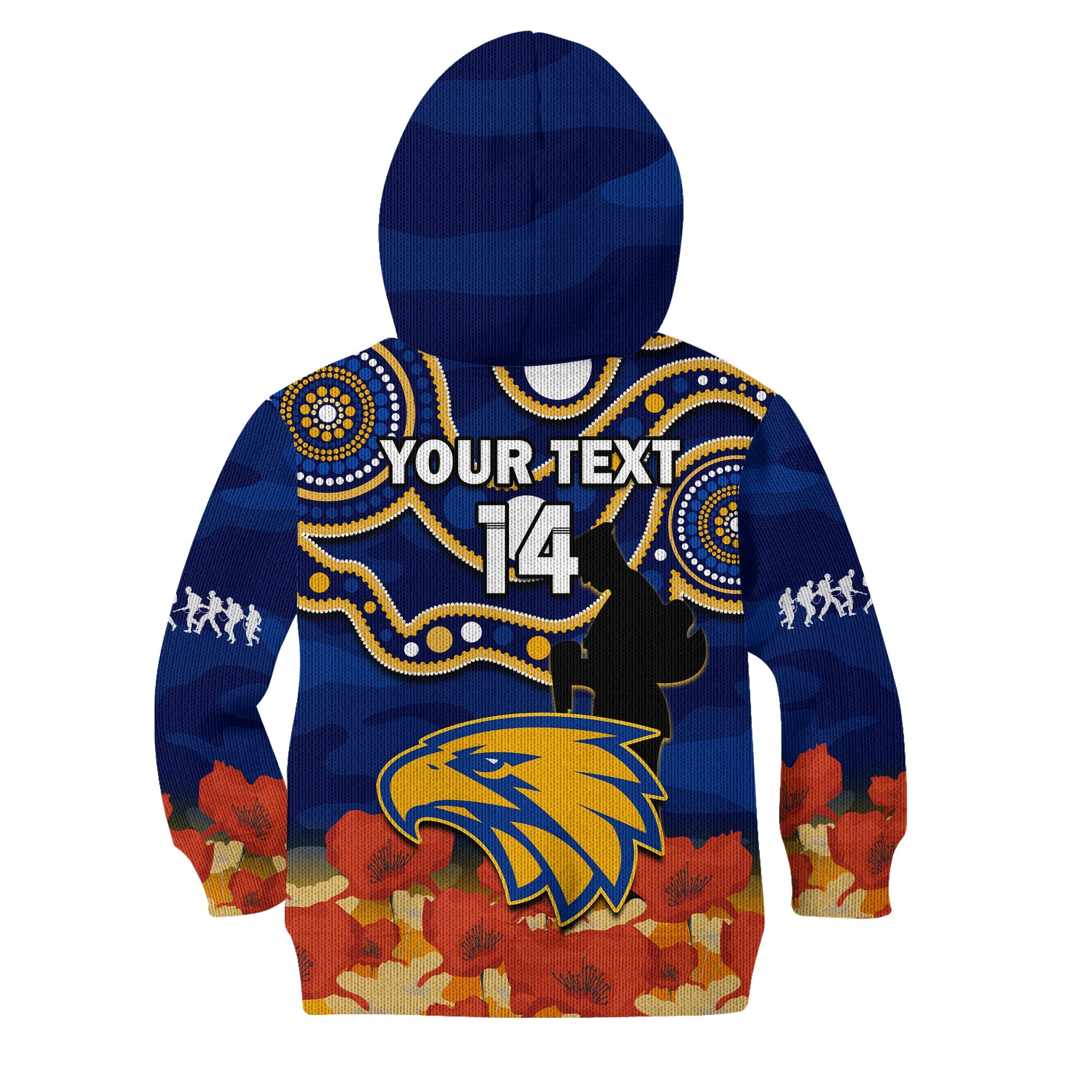 (Custom Text And Number) Eagles Football ANZAC 2023 Hoodie KID West Coast Indigenous Mix Poppy Camouflage - Vibe Hoodie Shop