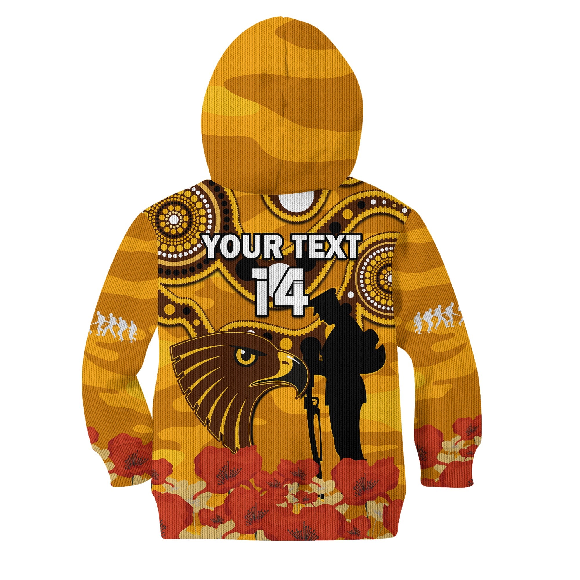 (Custom Text And Number) Hawks Football ANZAC 2023 Hoodie KID Indigenous Mix Poppy Camouflage - Vibe Hoodie Shop