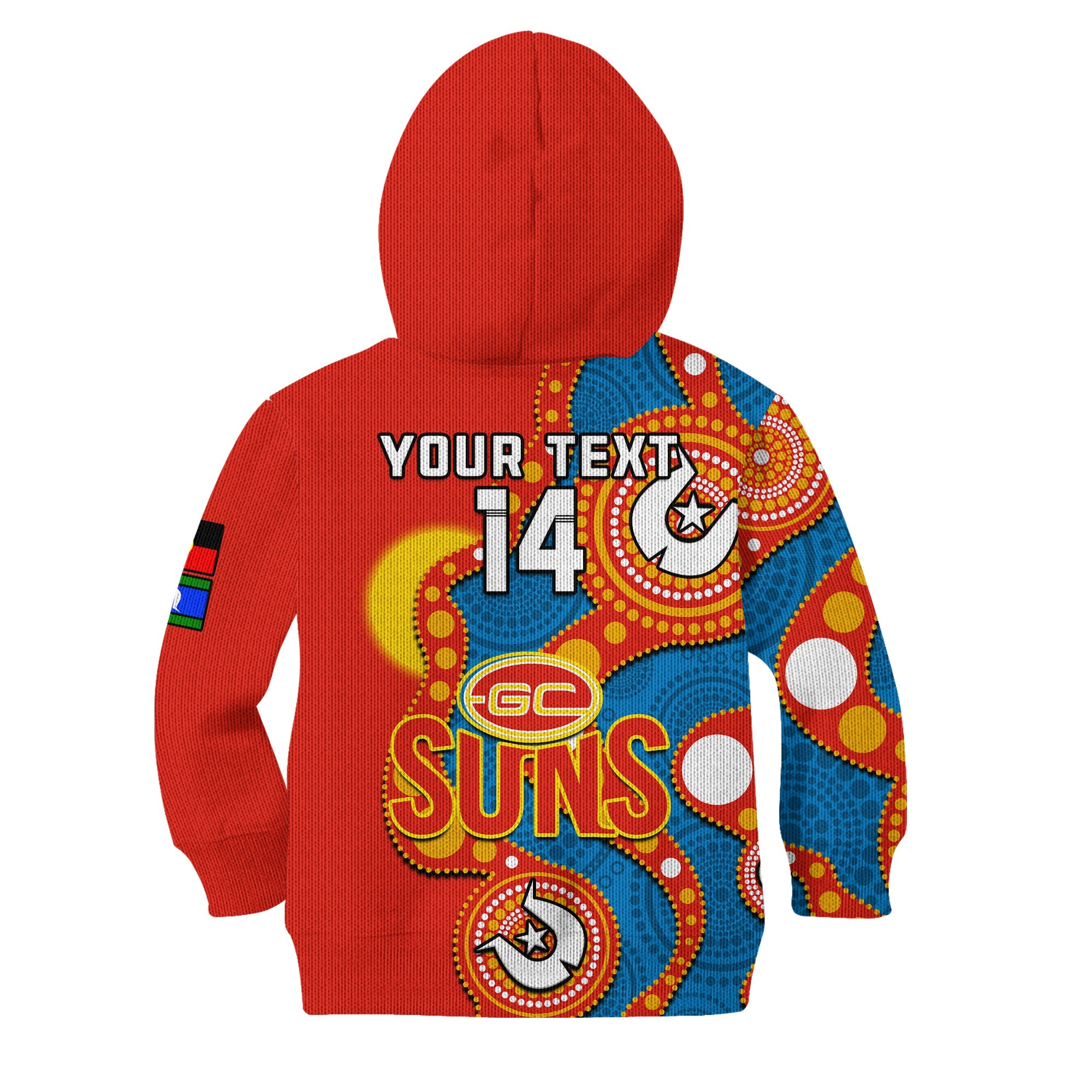 (Custom Text And Number) Gold Coast Football NAIDOC 2023 Hoodie KID Suns Indigenous For Our Elders - Vibe Hoodie Shop