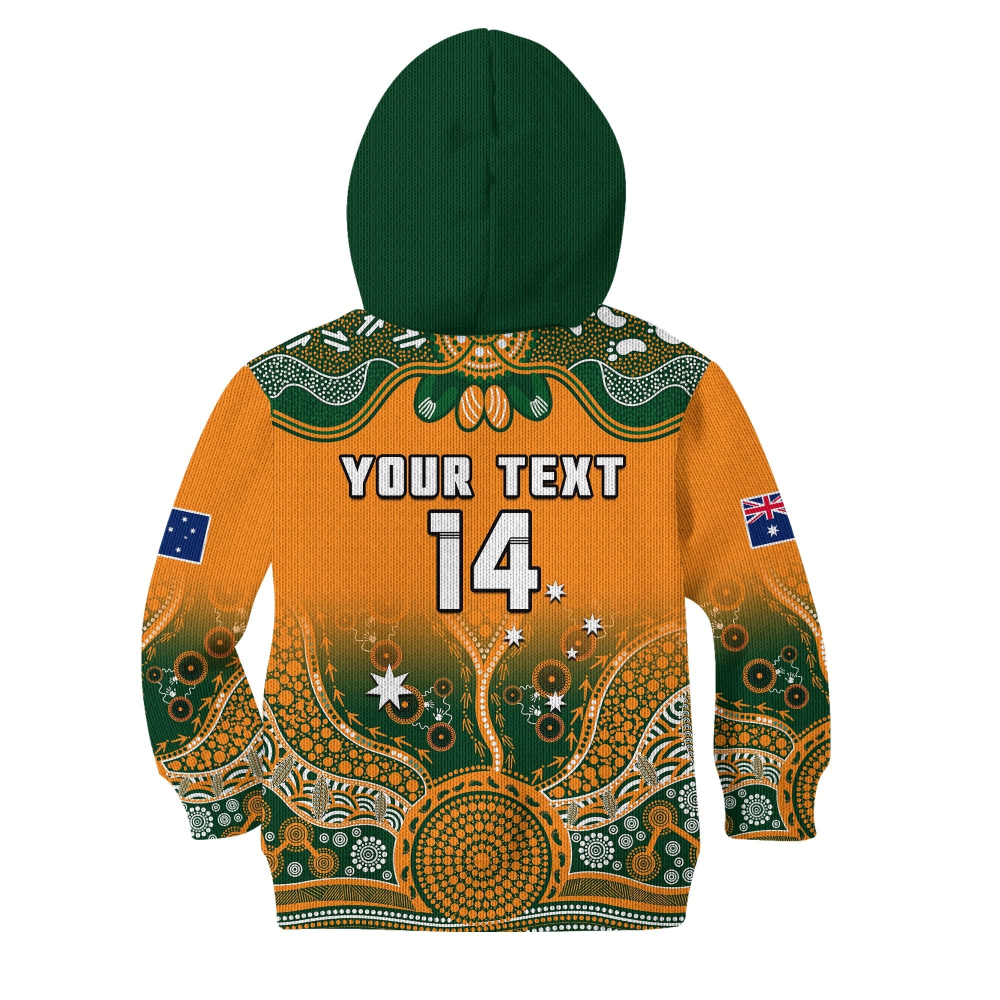 (Custom Text And Number) Australia Rugby Hoodie KID Wallabies Kangaroo Orange Aboriginal - Vibe Hoodie Shop