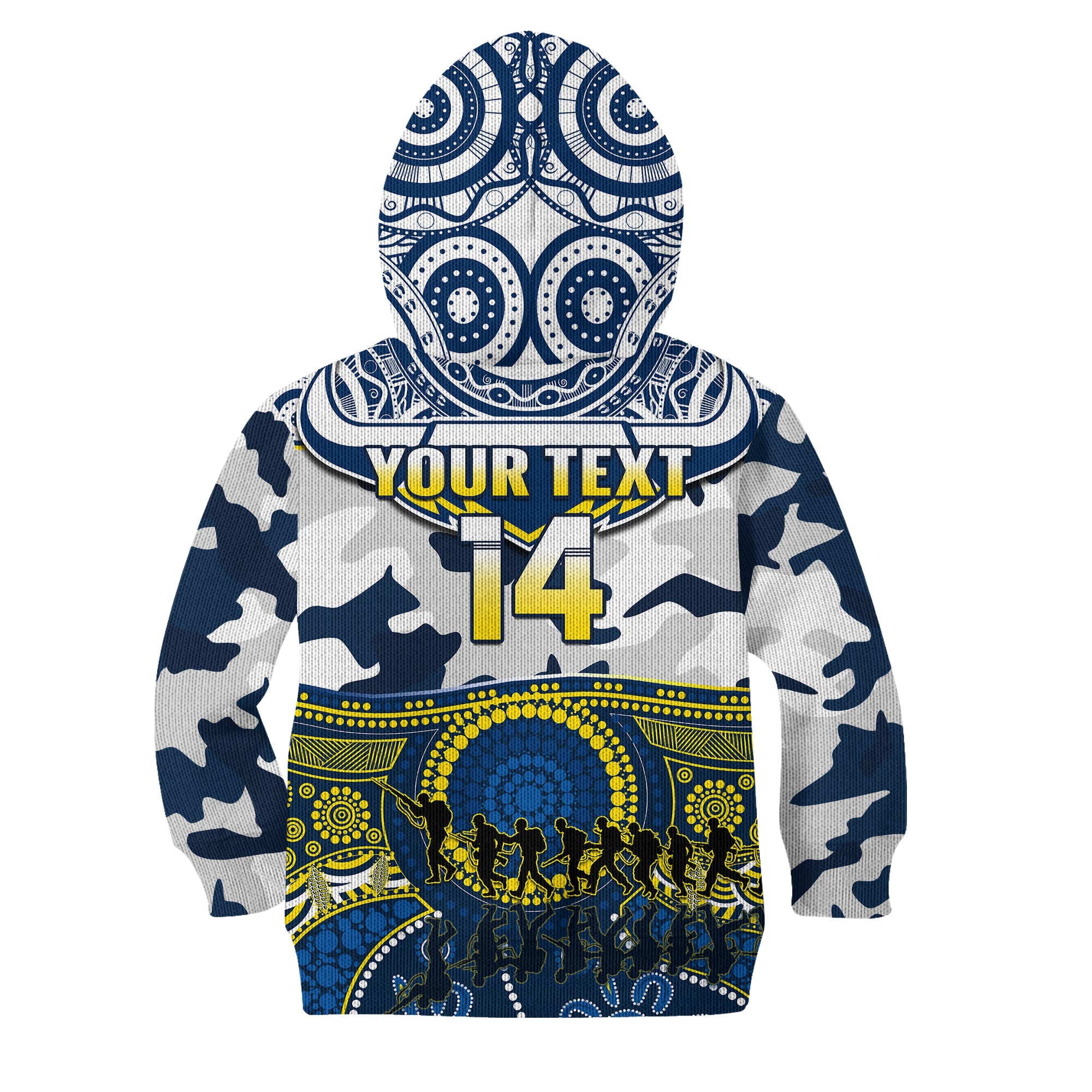 (Custom Text And Number) Cowboys Rugby ANZAC Hoodie KID Indigenous Poppy Mix Camouflage - Vibe Hoodie Shop