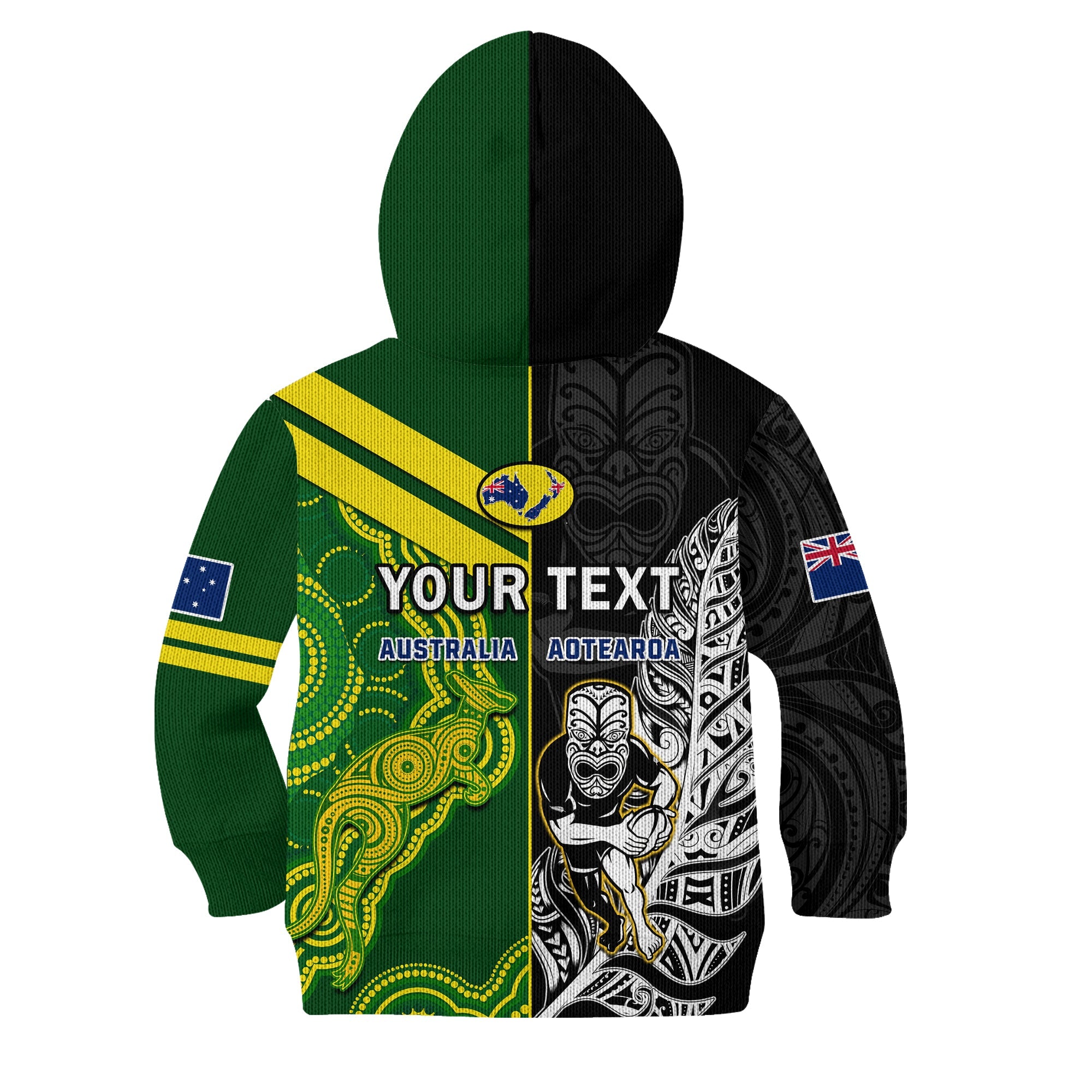 (Custom Personalised) Australia Kangaroos And All Black Rugby Hoodie KID Aboriginal Mix NZ Maori Fern - Vibe Hoodie Shop