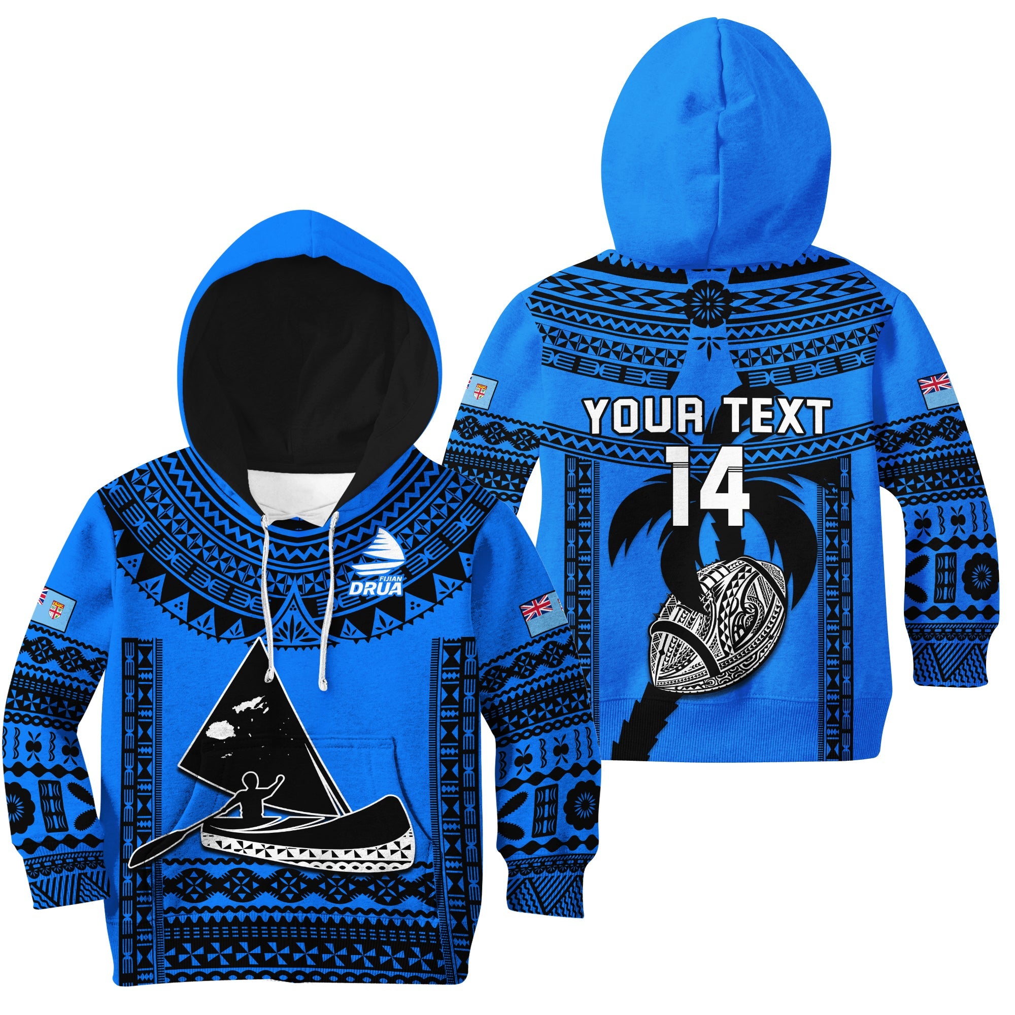 (Custom Text And Number) Fiji Rugby Hoodie KID Fijian Drua Super Polynesian Special Tapa Pattern - Vibe Hoodie Shop