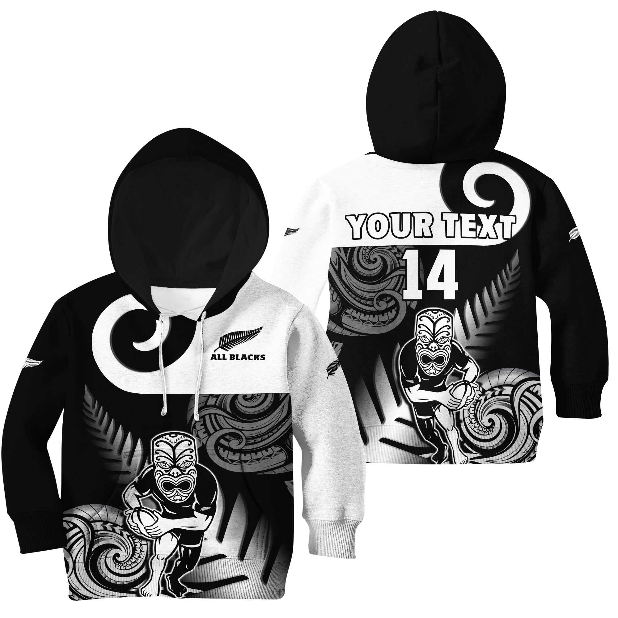 Custom Text And Number New Zealand Silver Fern Rugby Hoodie KID All Black Maori Koru - Vibe Hoodie Shop