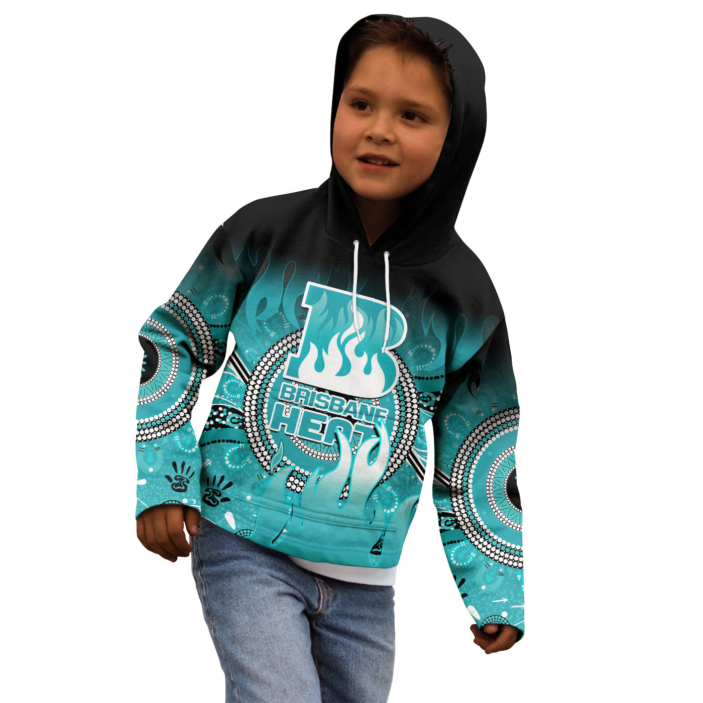 (Custom Text and Number) Brisbane Heat Hoodie KID Aboriginal Sunshine - Vibe Hoodie Shop