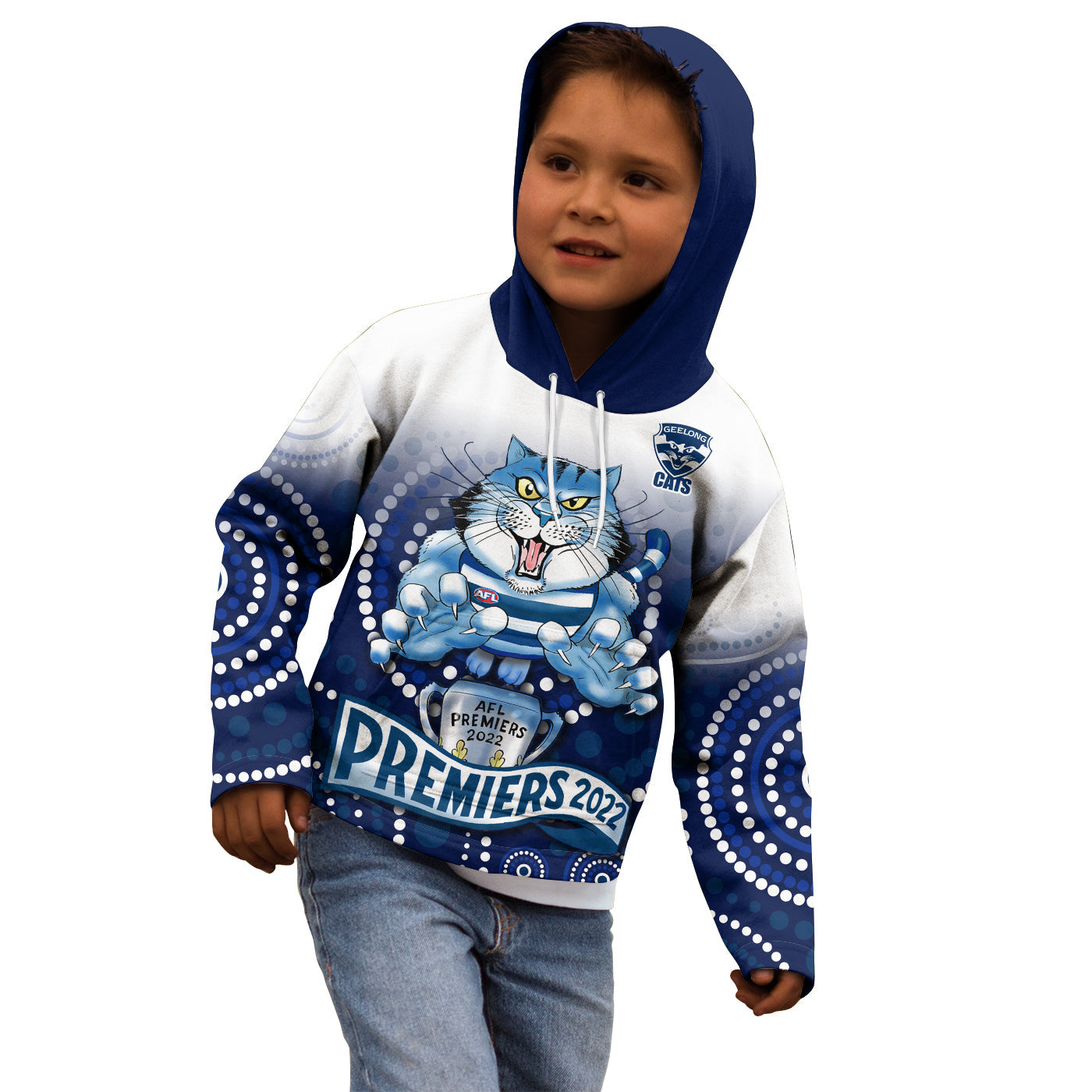 (Custom Text and Number) Cats Football Hoodie KID Aboriginal Australian Premiers 2022 Proud Geelong Cartoon - Vibe Hoodie Shop