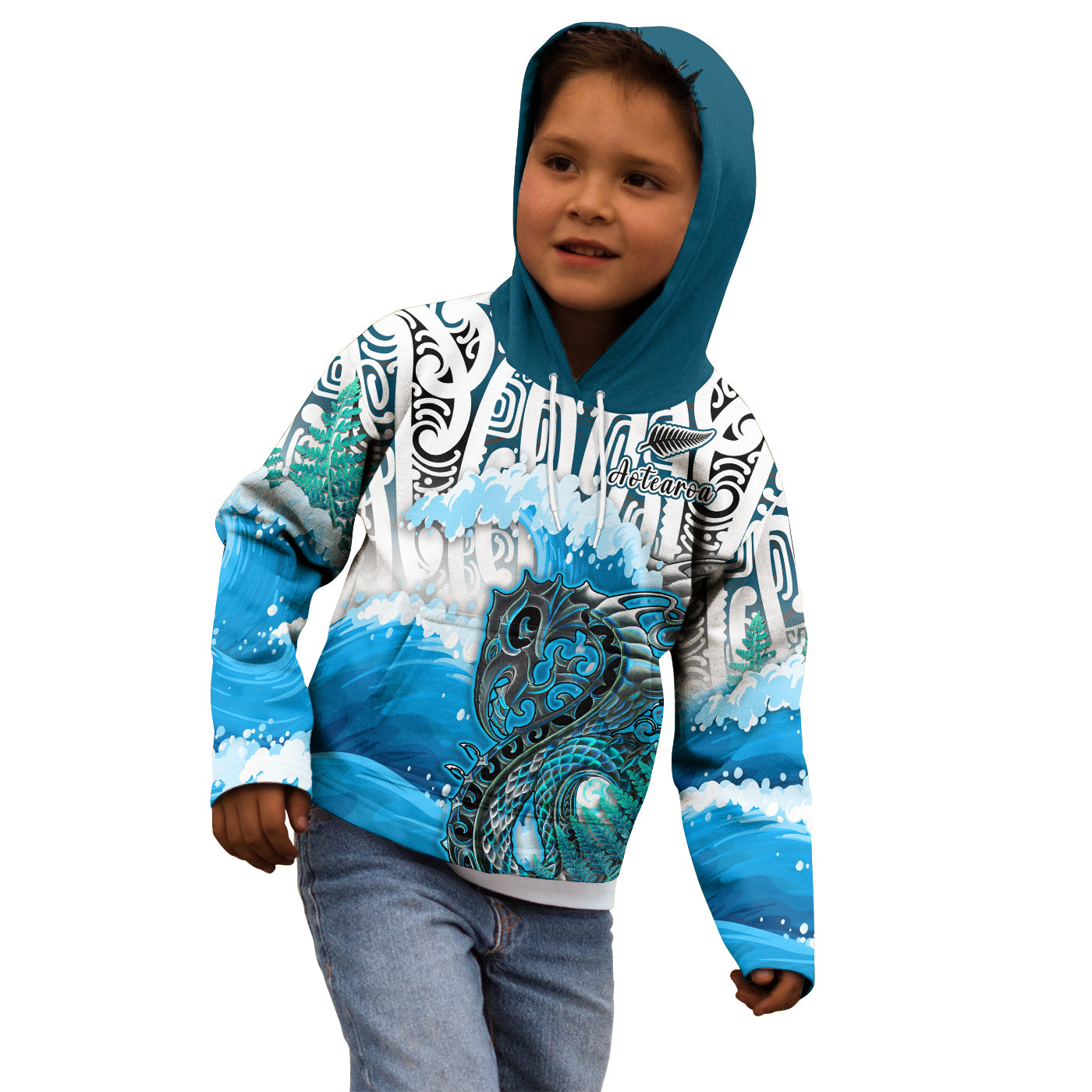 (Custom Personalised) Manaia Maori Hoodie KID Fern Aotearoa Blue Waves - Vibe Hoodie Shop